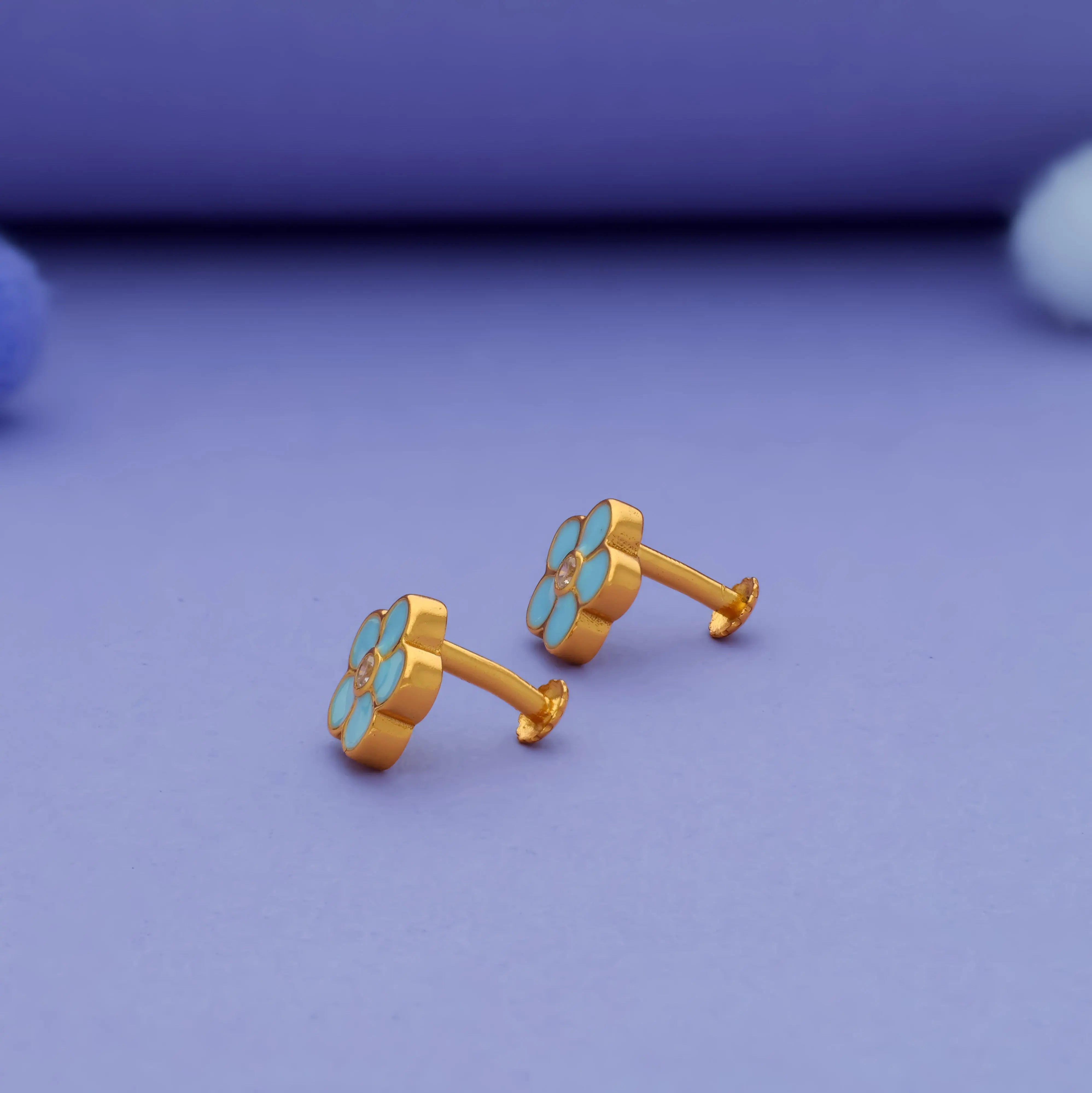 925 Pure Sterling Silver Sky Blue Floral Stud Earrings for Kids