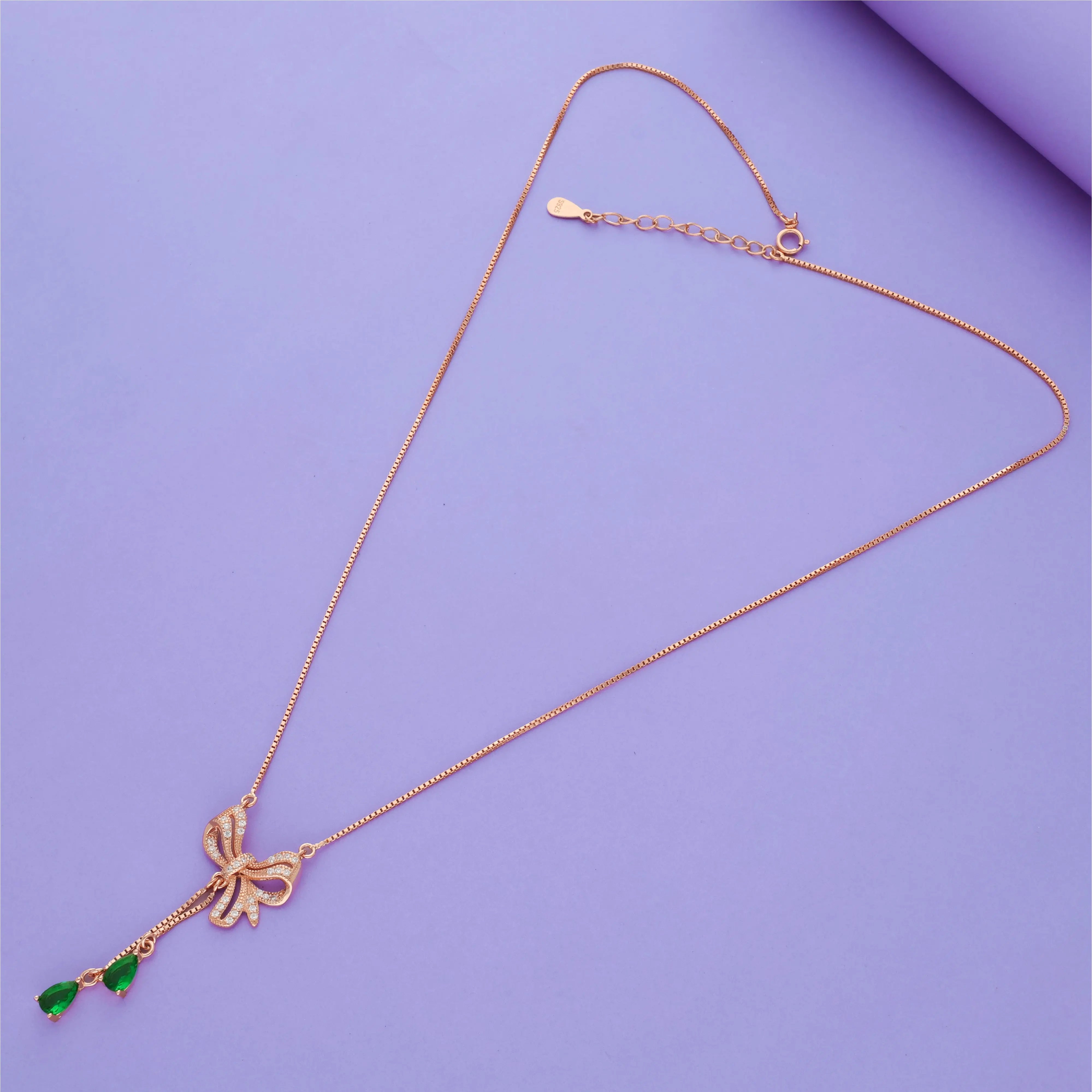 Green Ribbon Charm 925 Silver Necklace