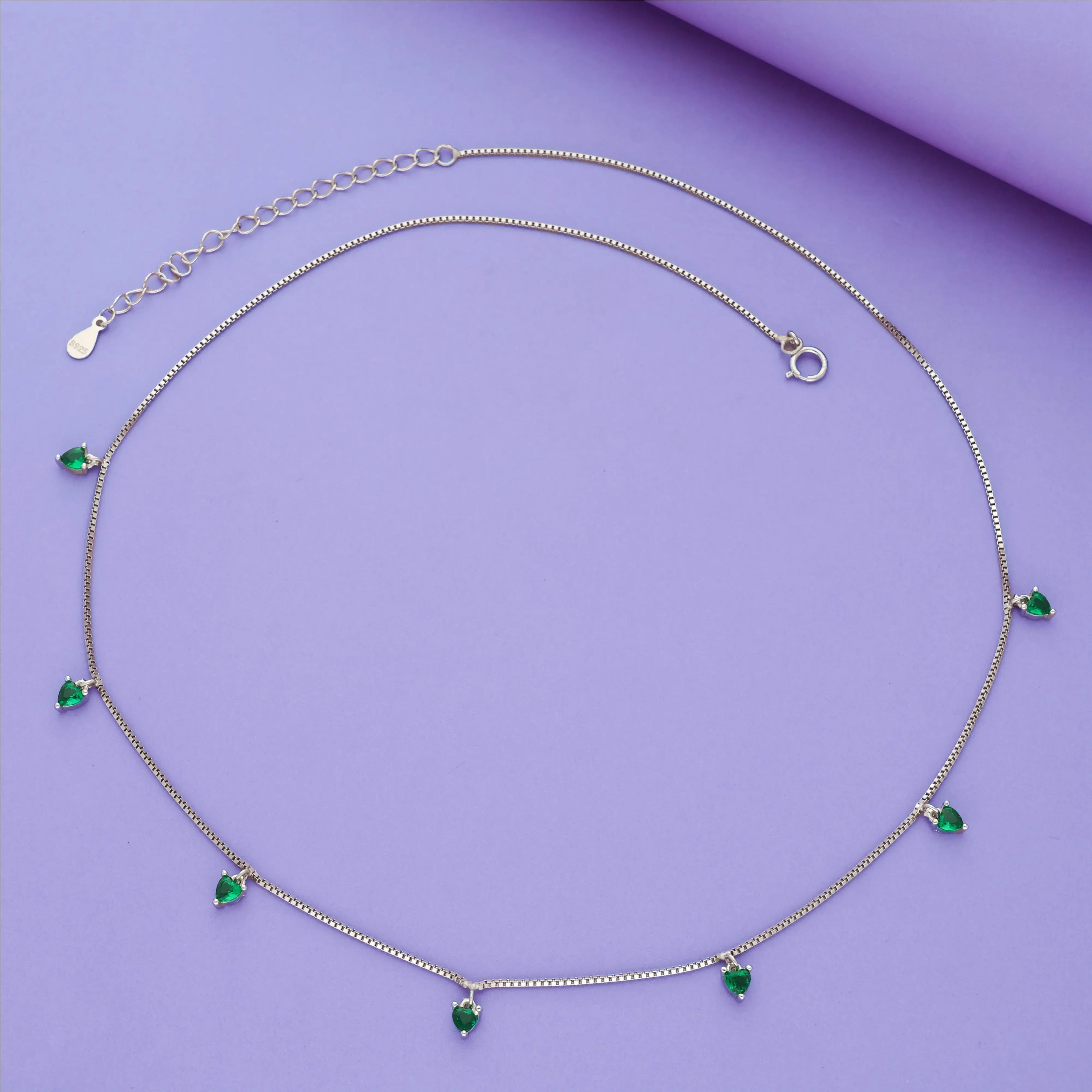 Green Heart 925 Silver Charm Chain Necklace