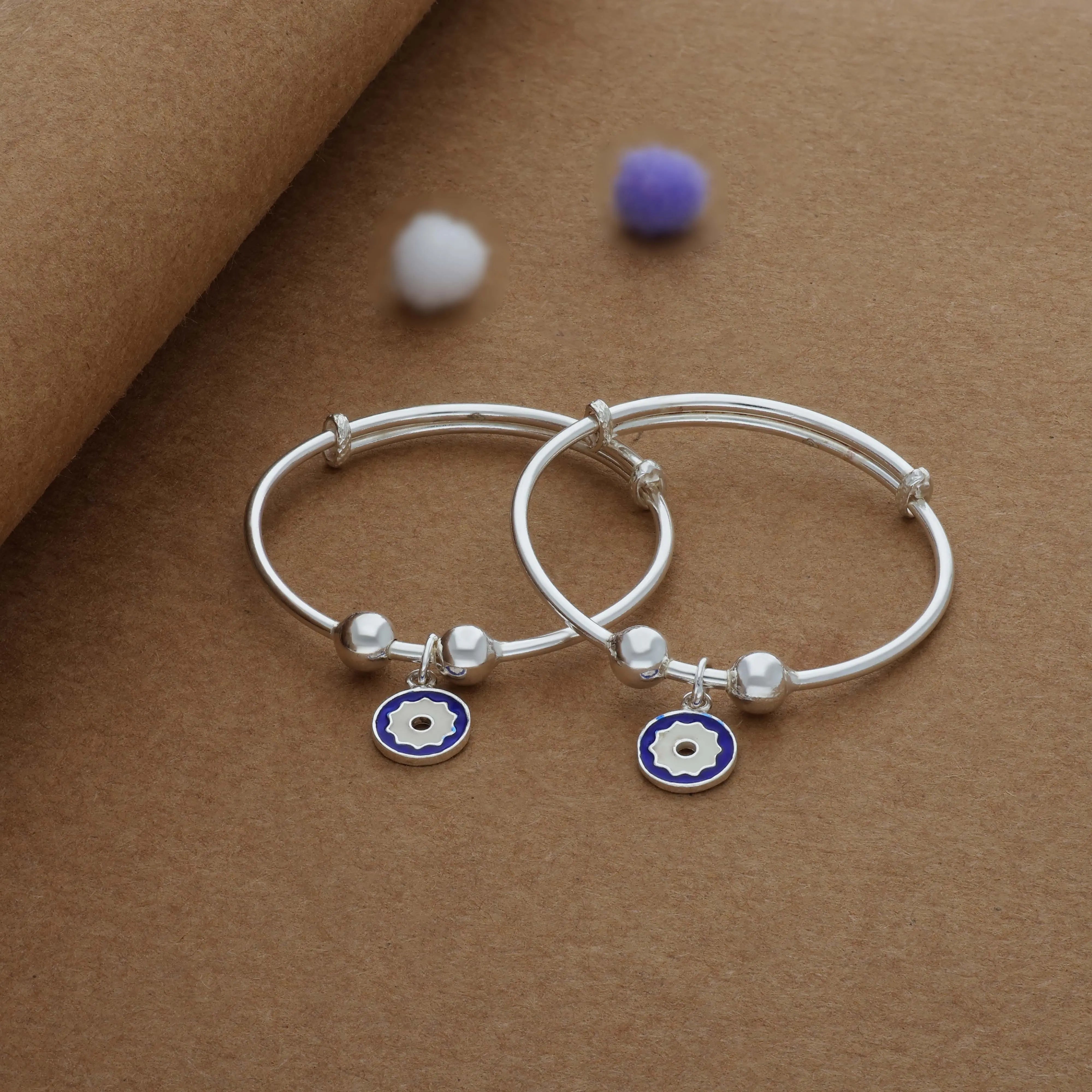 Little Evil Eye Protection Silver Kid Bangles (0-6 Yrs) | 925 Hallmark | Adjustable | Safe & Lightweight