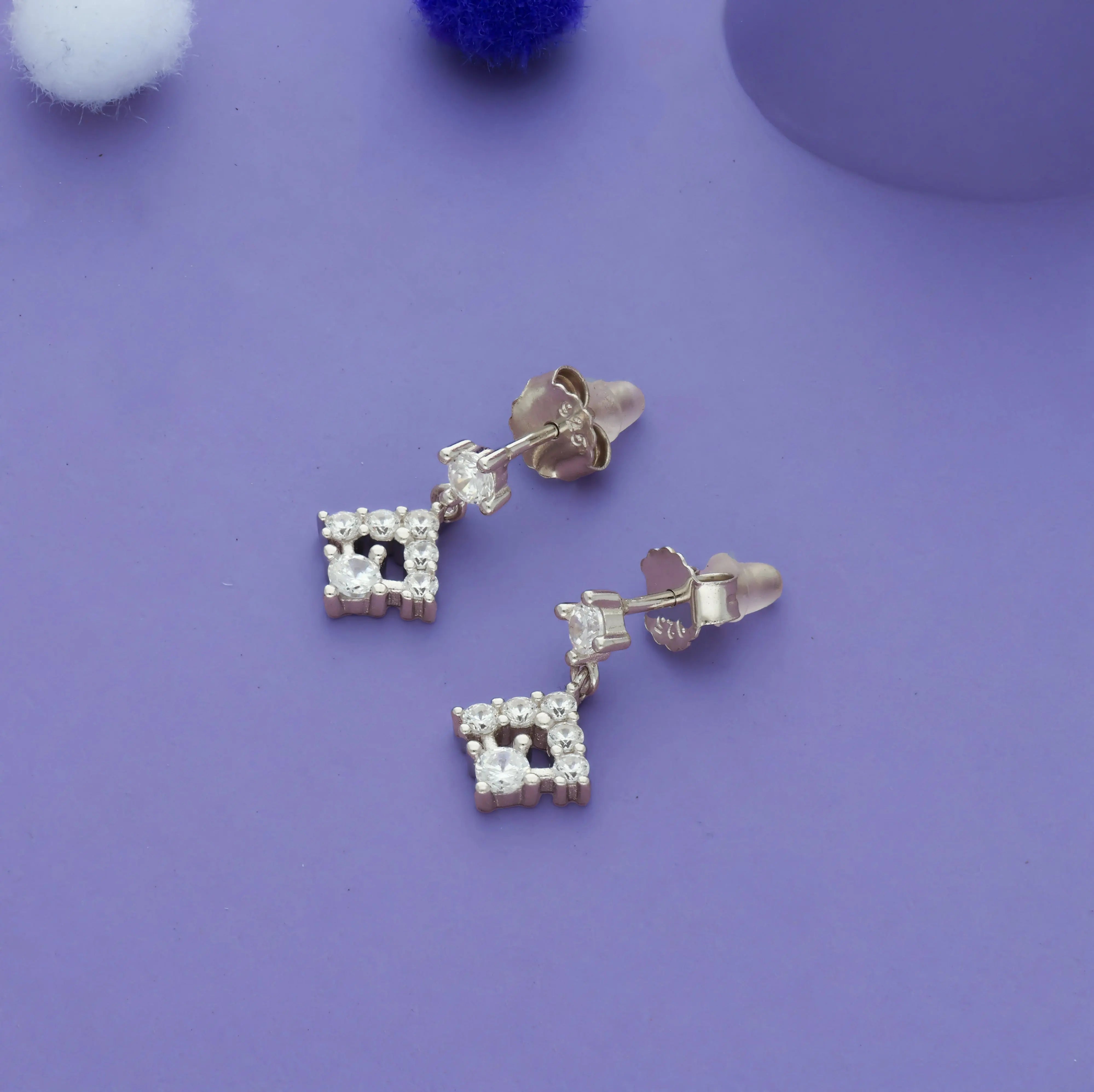 925 Sterling Silver Square CZ Drop Earrings