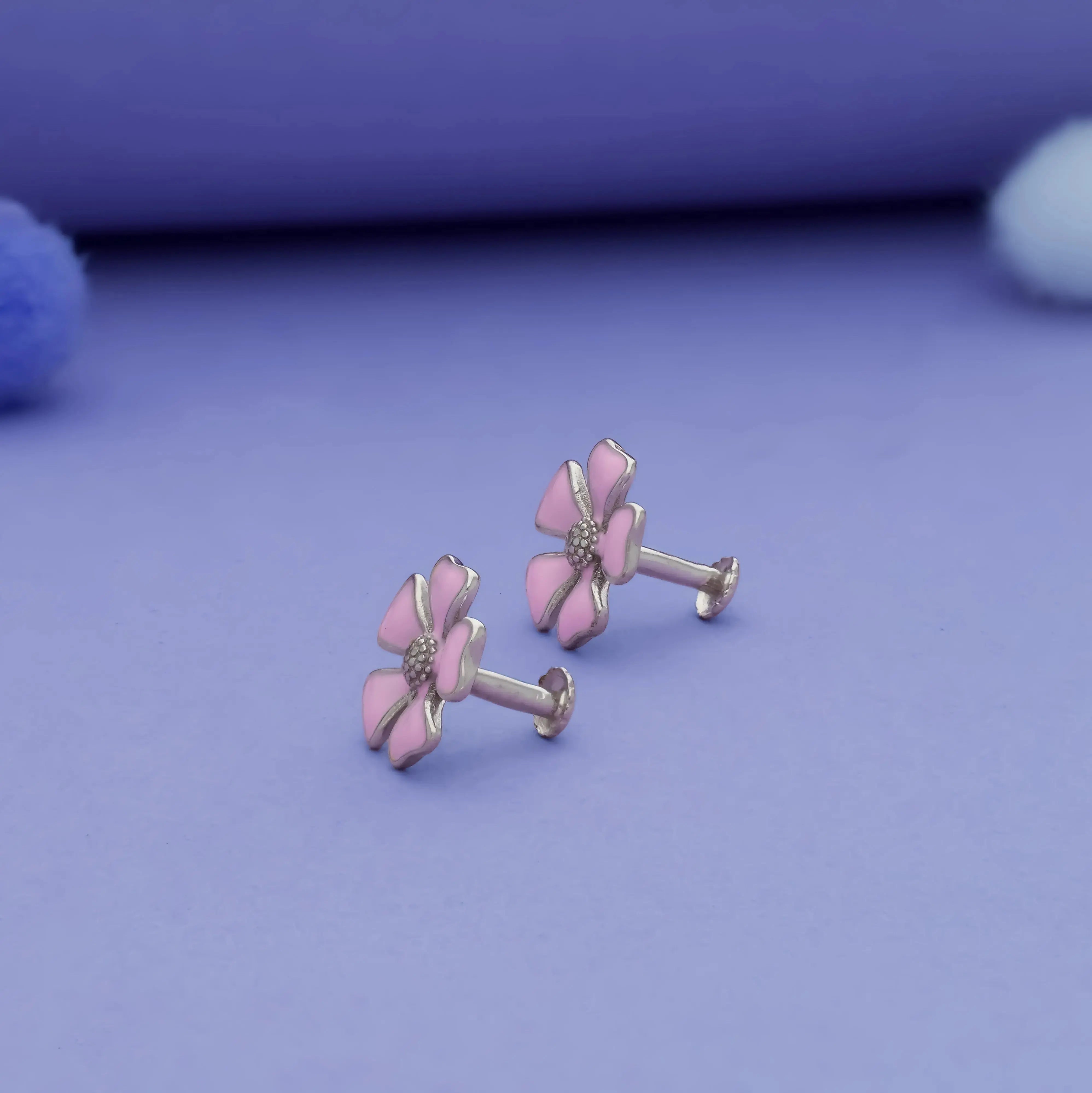 Floral Silver Studs for Kids with South Screw (3+ Yrs)