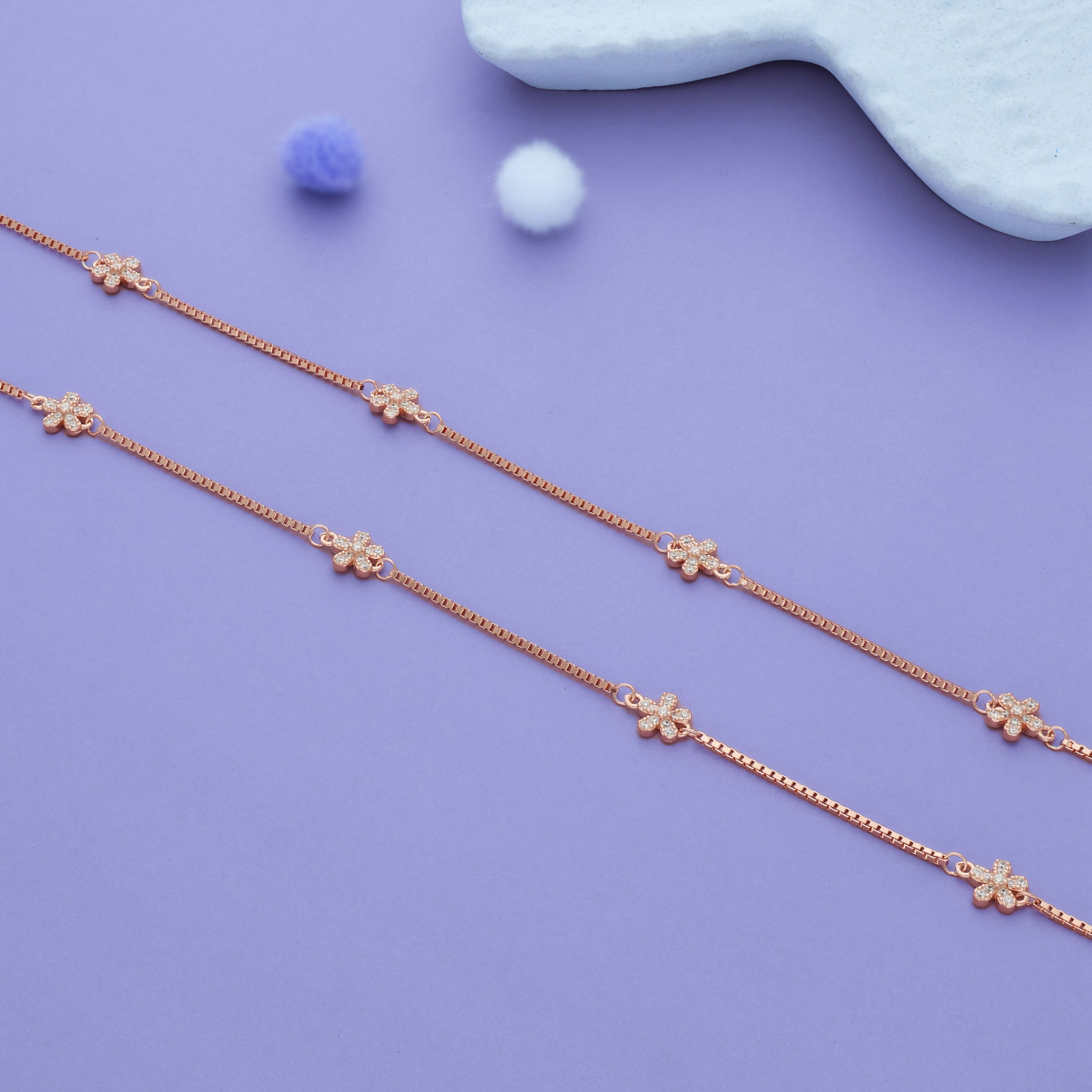 Trendy Floral Charm Rose Gold Polish 925 Silver Anklet