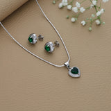 Glossy Green Heart Silver Pendant Set for Women & Teen