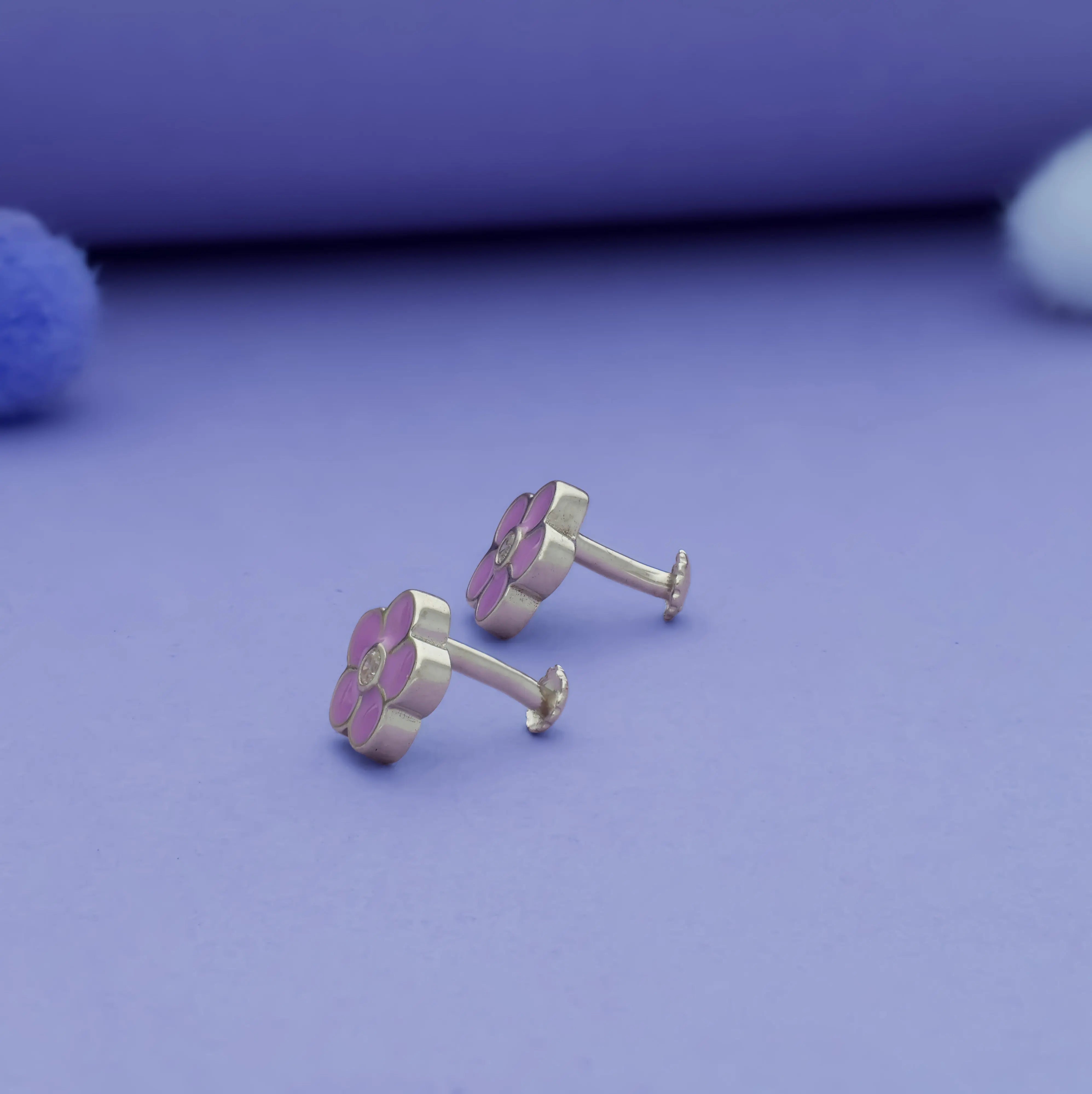 925 Silver Kids Stud Earrings with Violet Flower Design