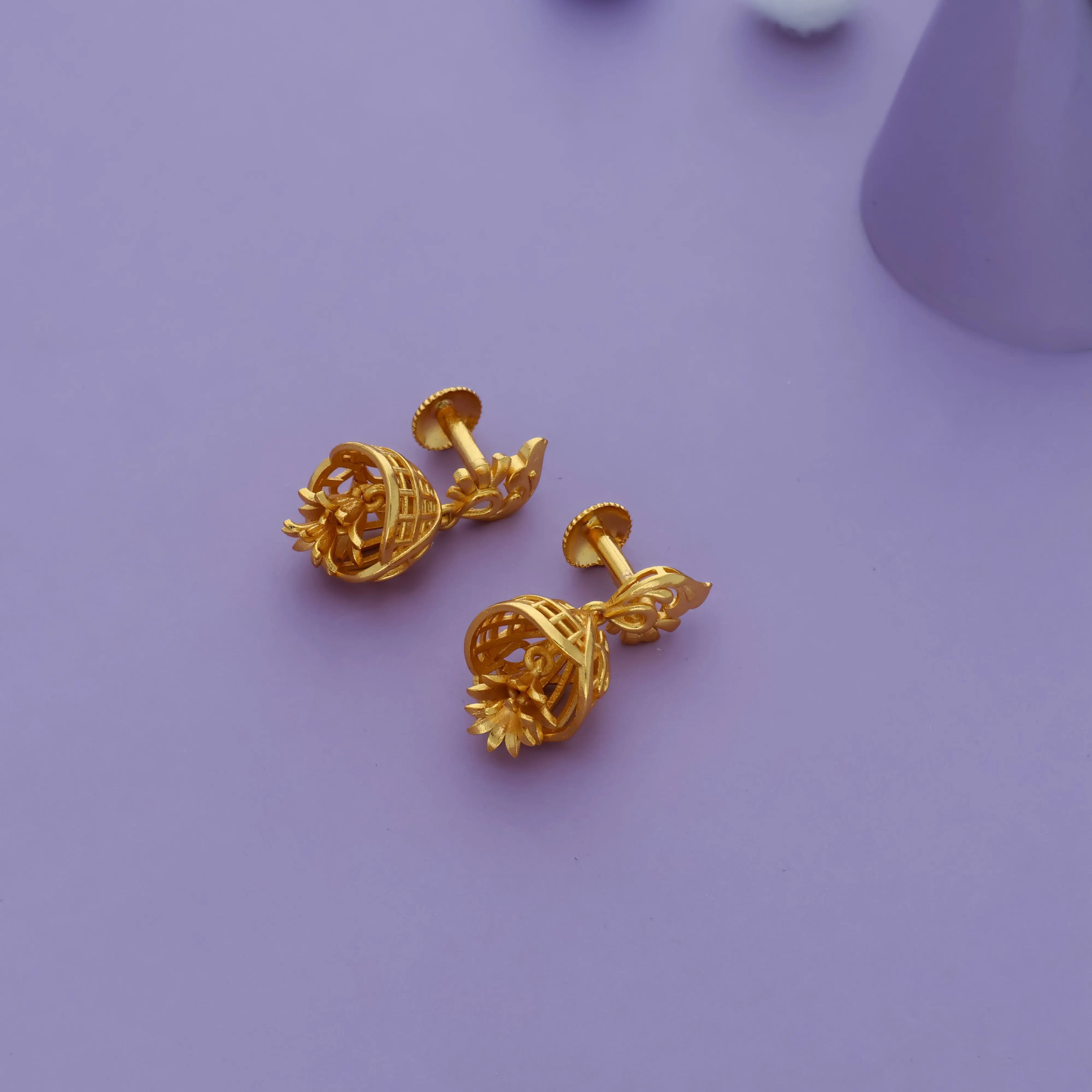 925 Silver Gold Polish Leaf & Floral Drop Jhumka Earrings