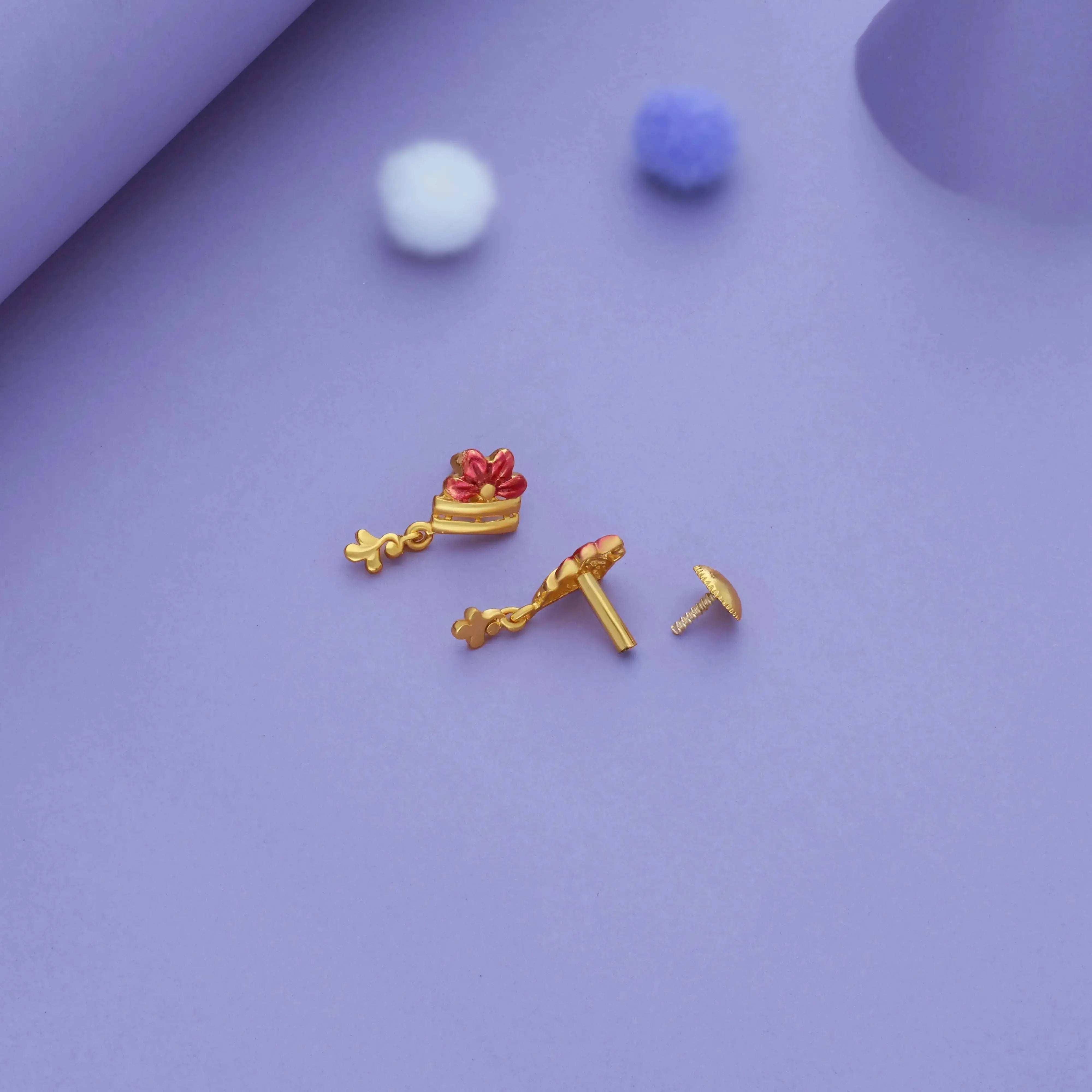 Red Flora Glow Gold Polish 925 Silver Drop Earring