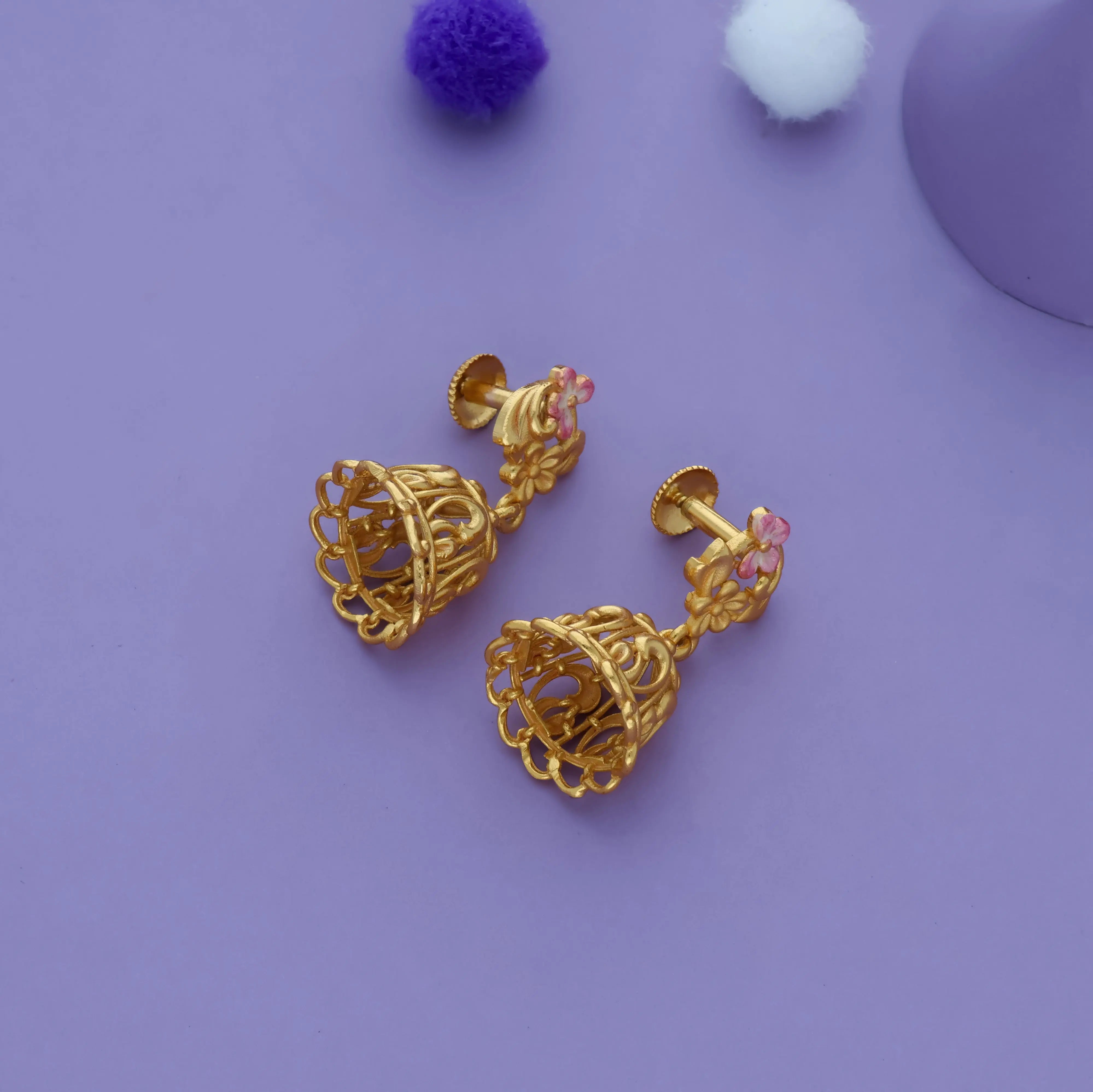 92.5 Silver Gold Plated Jhumkas with Pink Floral Design
