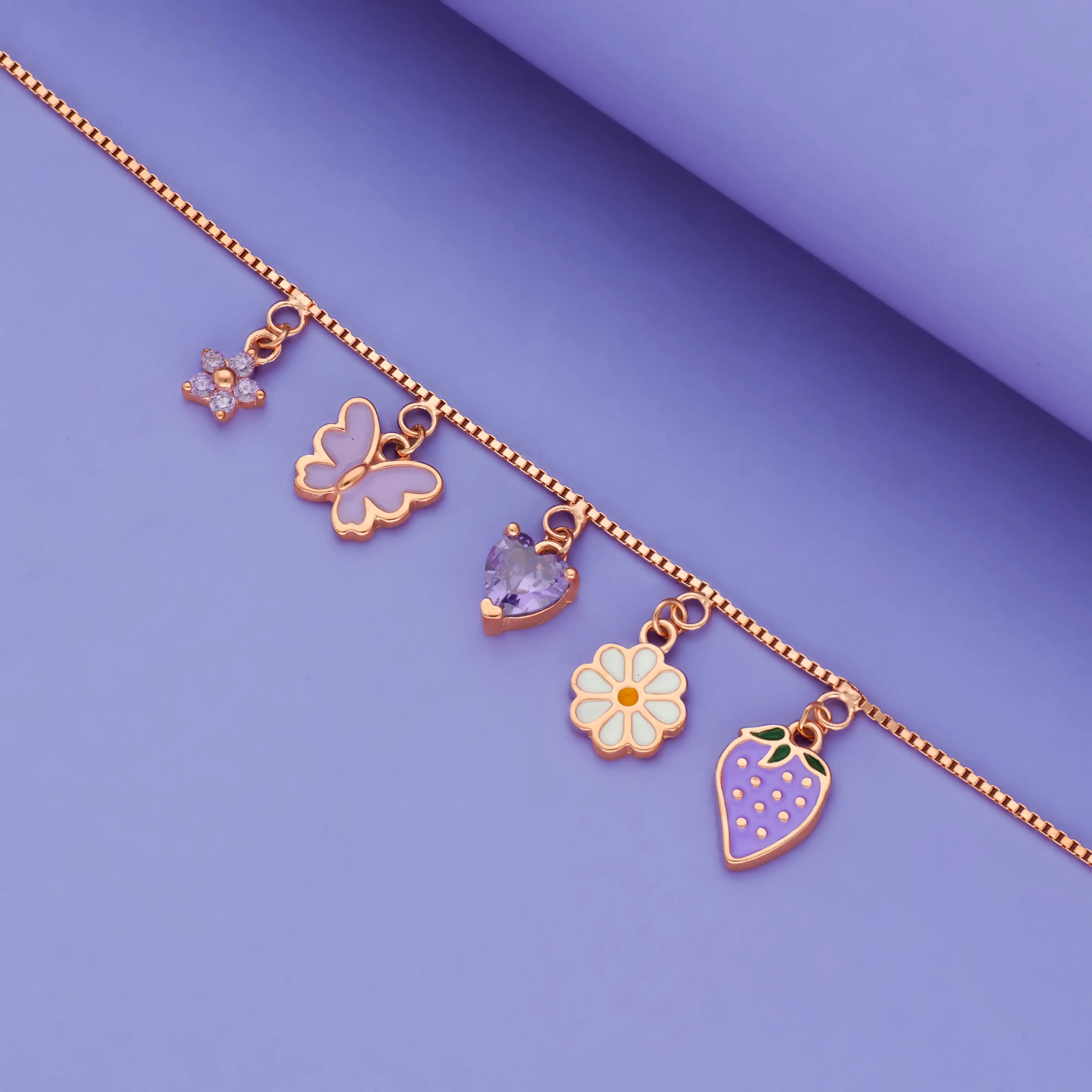 925 Silver Cute Butterfly & Strawberry Charm Bracelet for Kids