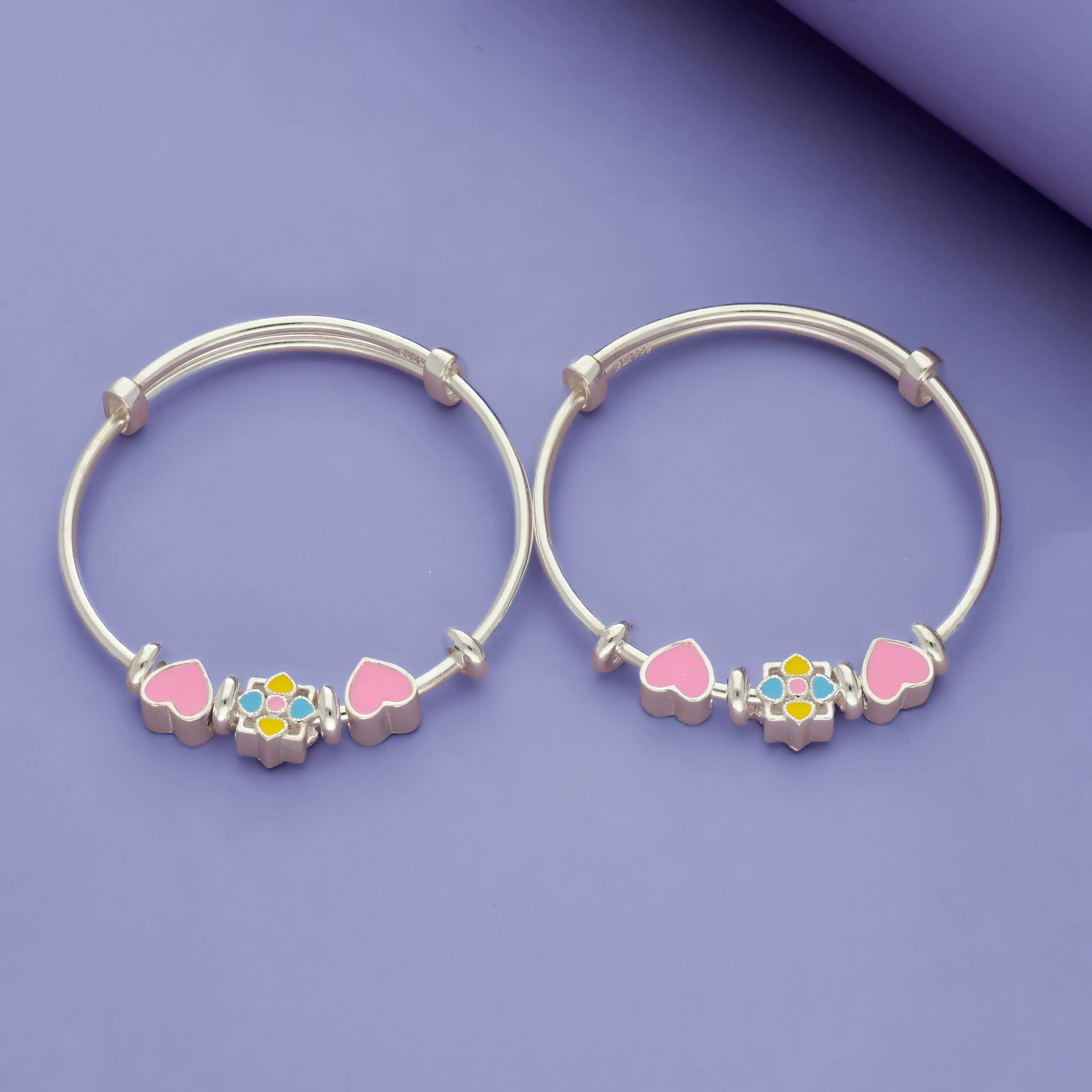 Heart & Bloom Charm 925 Silver Kid Bangles
