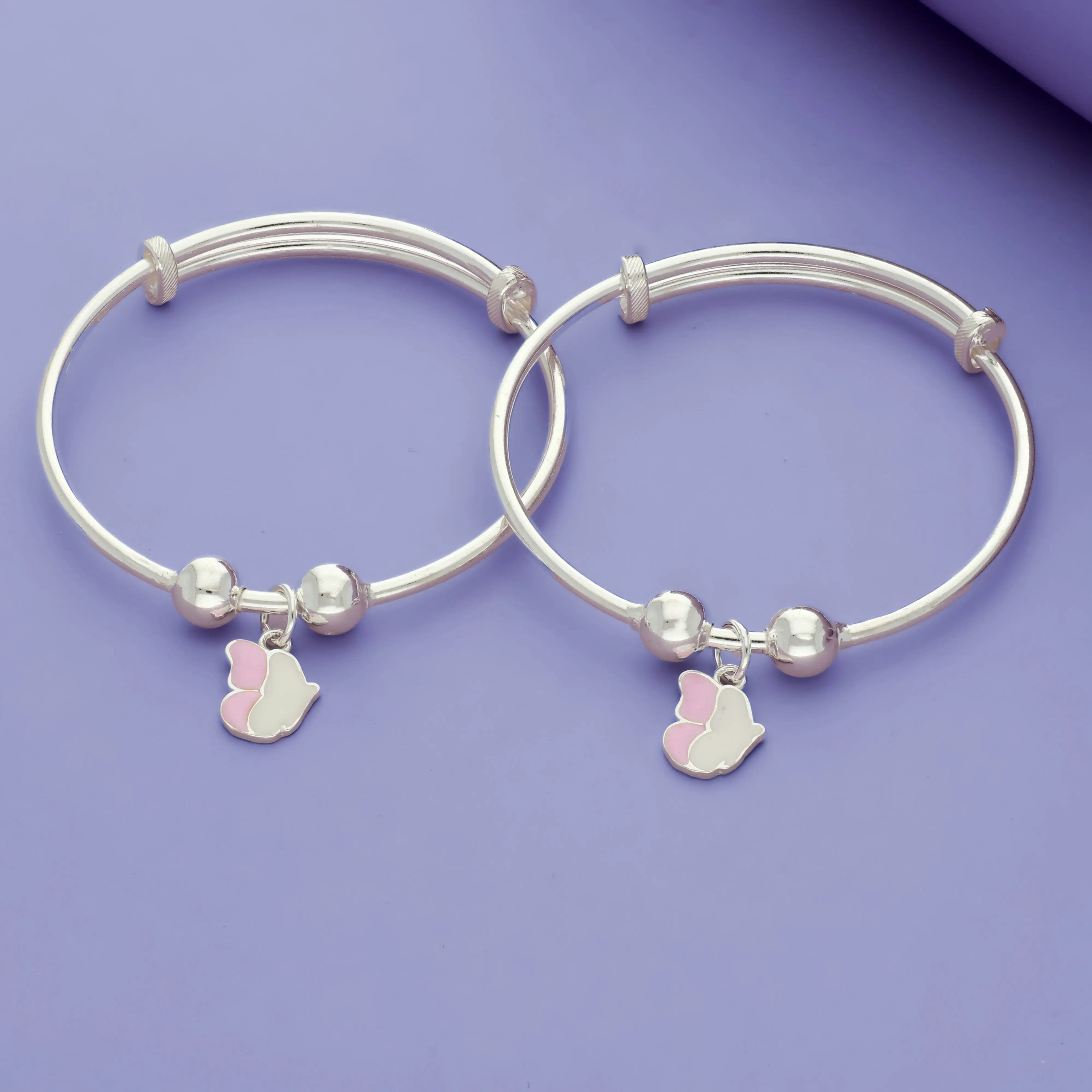 Pink Butterfly Charm Silver Baby Bangles (0-5 Yrs)