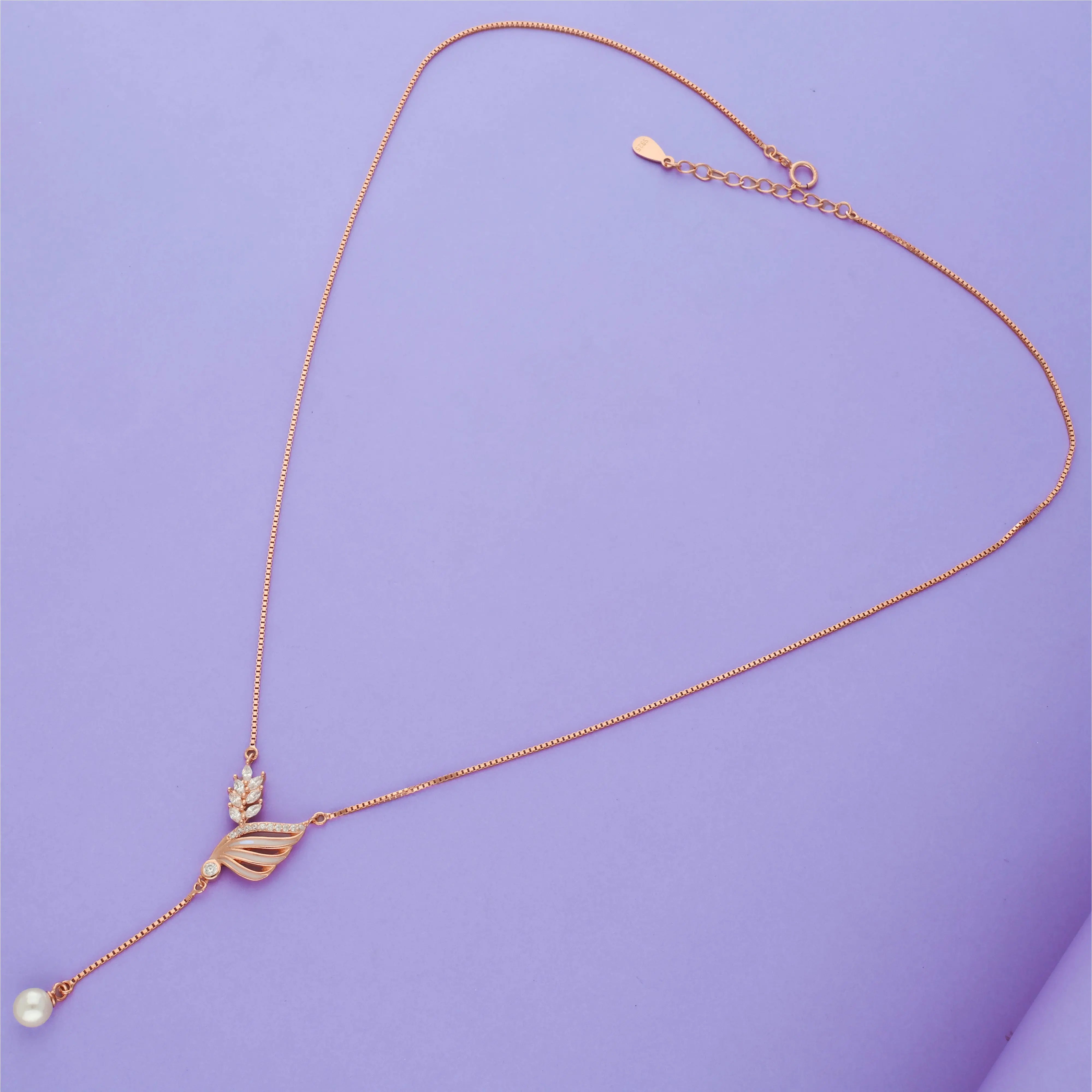 925 Sterling Silver Rose Gold Pearl Leaf Charm Necklace