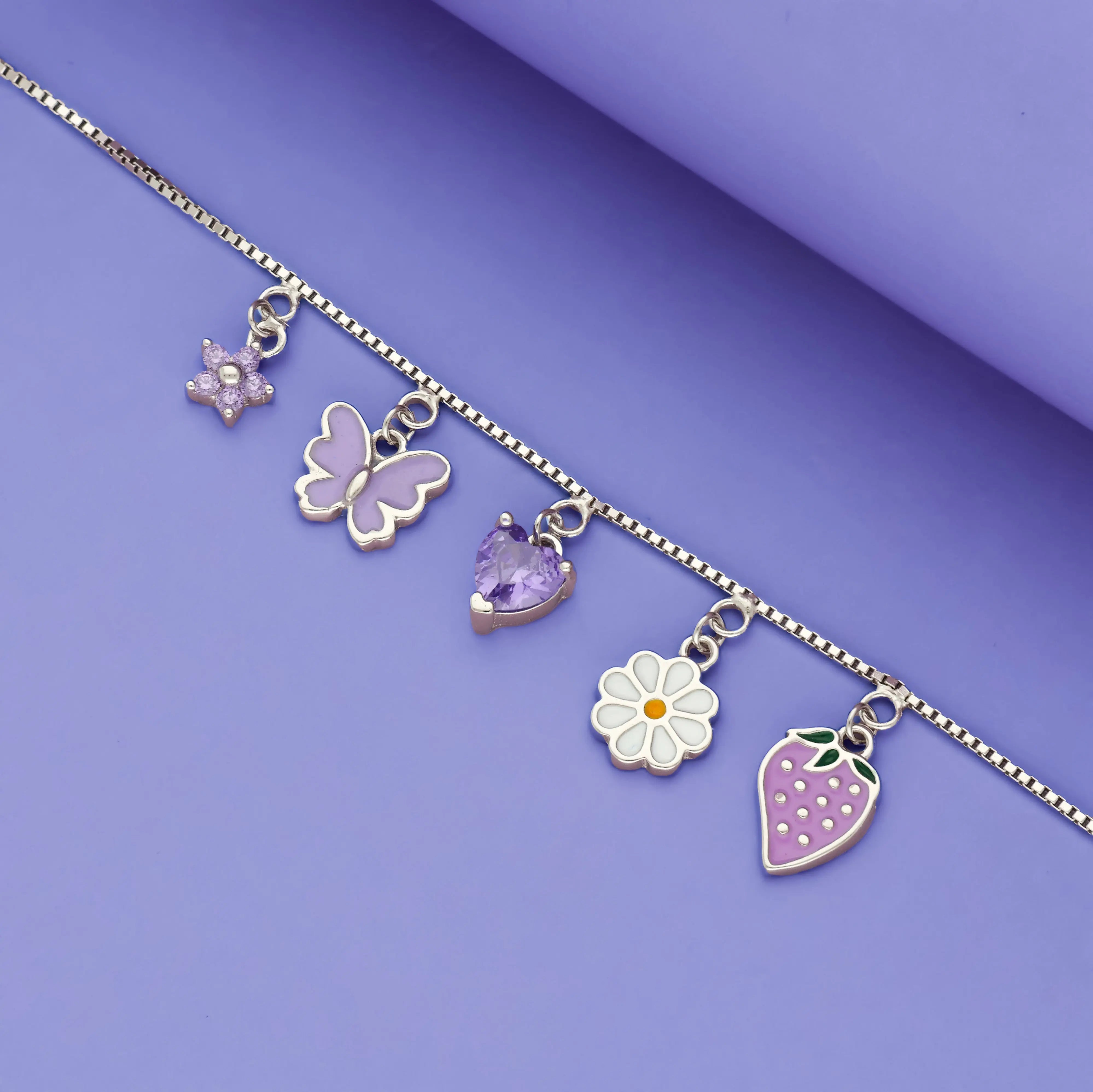 925 Silver Cute Butterfly & Strawberry Charm Bracelet for Kids