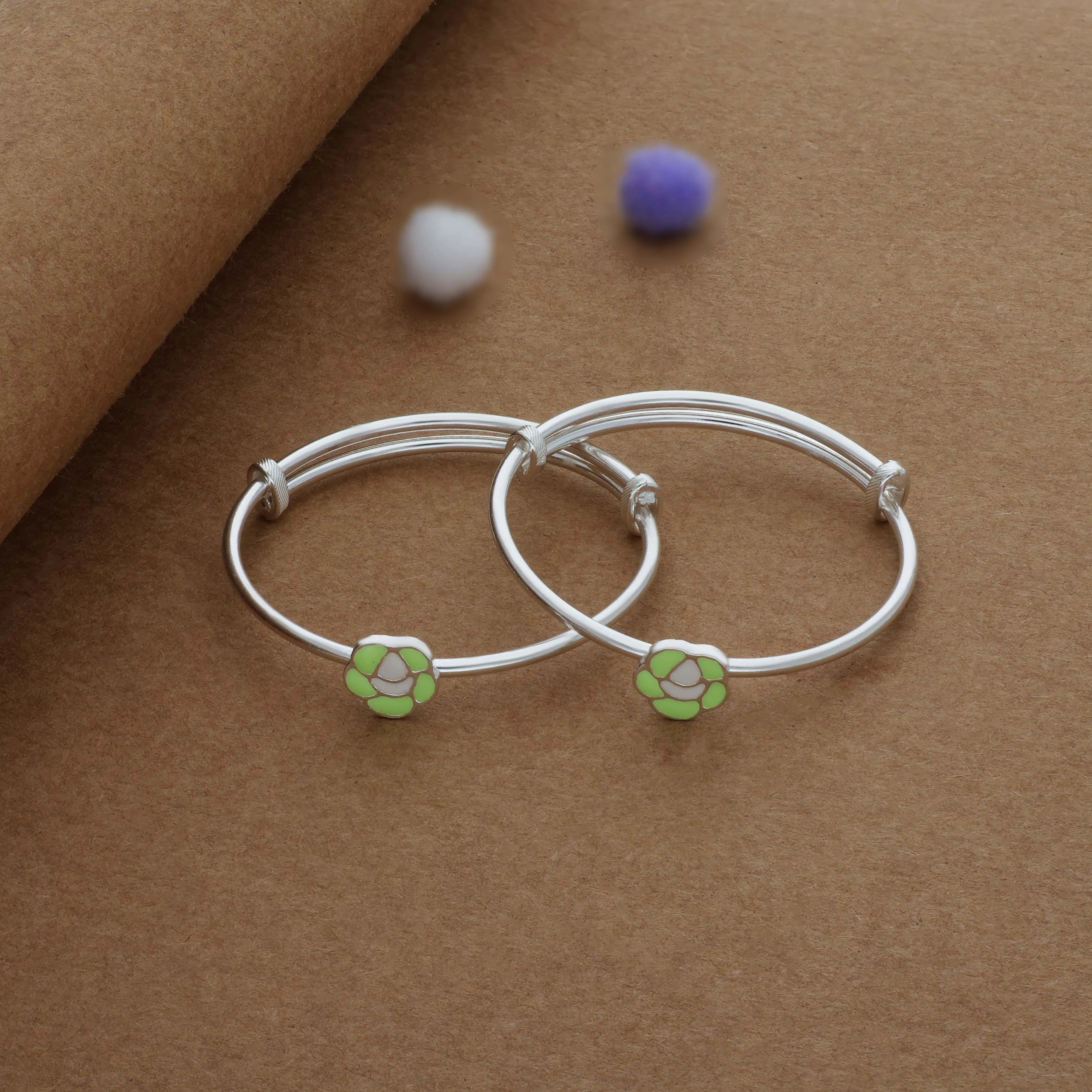 Leaflet Rose Silver Kid Bangles (0-6 Yrs) | 925 Hallmark | Adjustable  | Lightweight