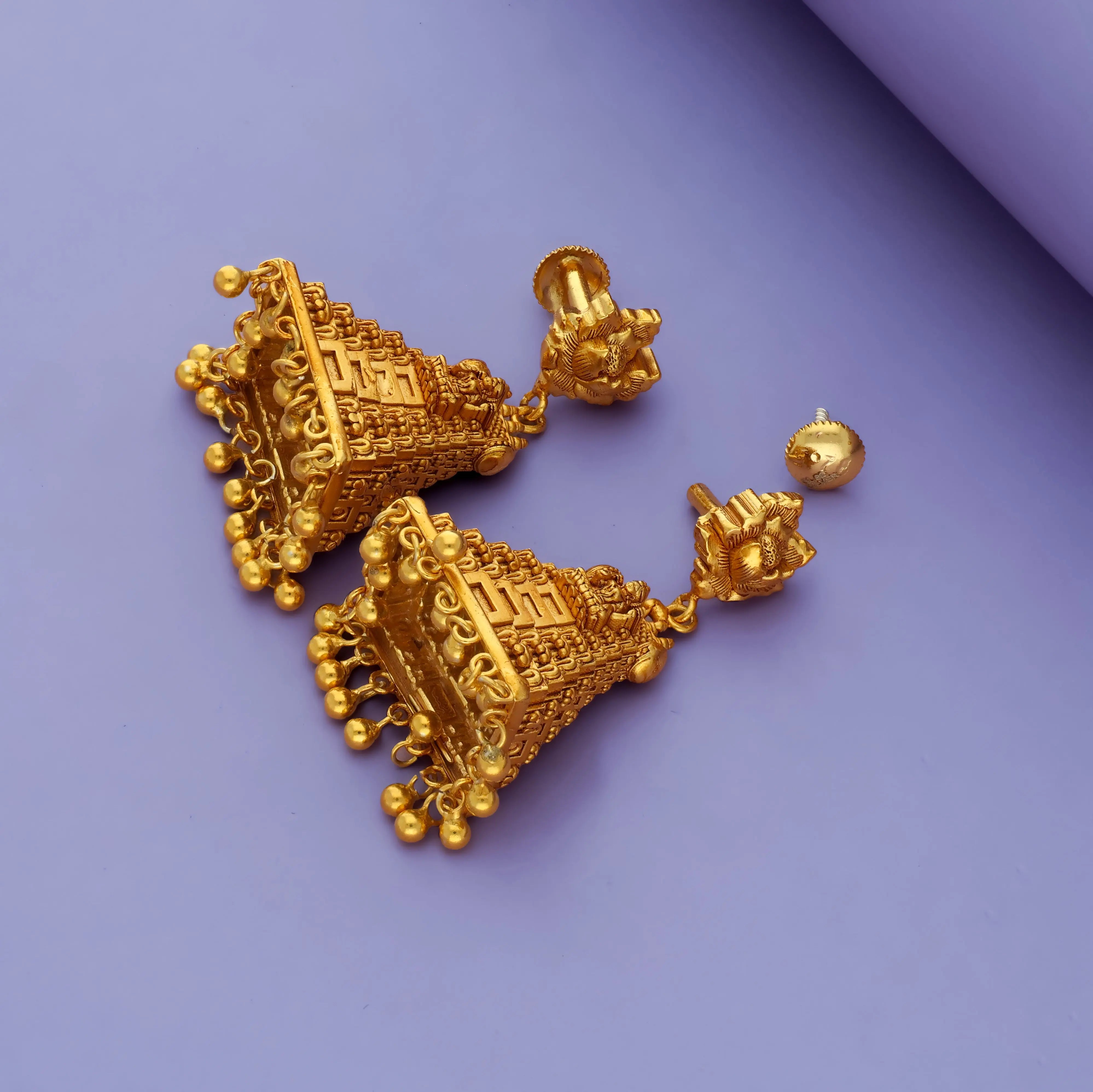 Traditional Lakshmi Gopuram 925 Sterling Silver Gold Plated Jhumka