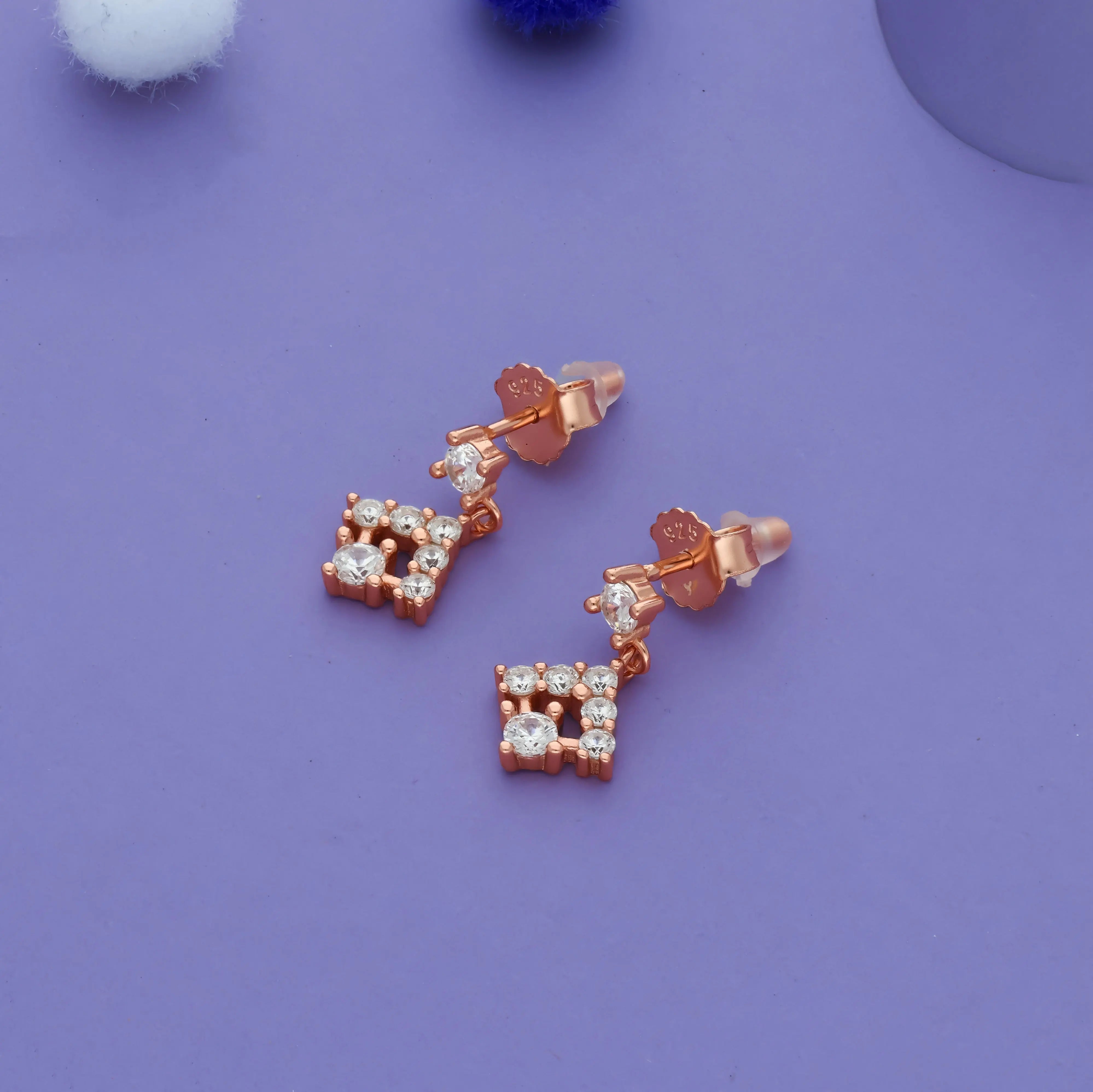 925 Sterling Silver Square CZ Drop Earrings