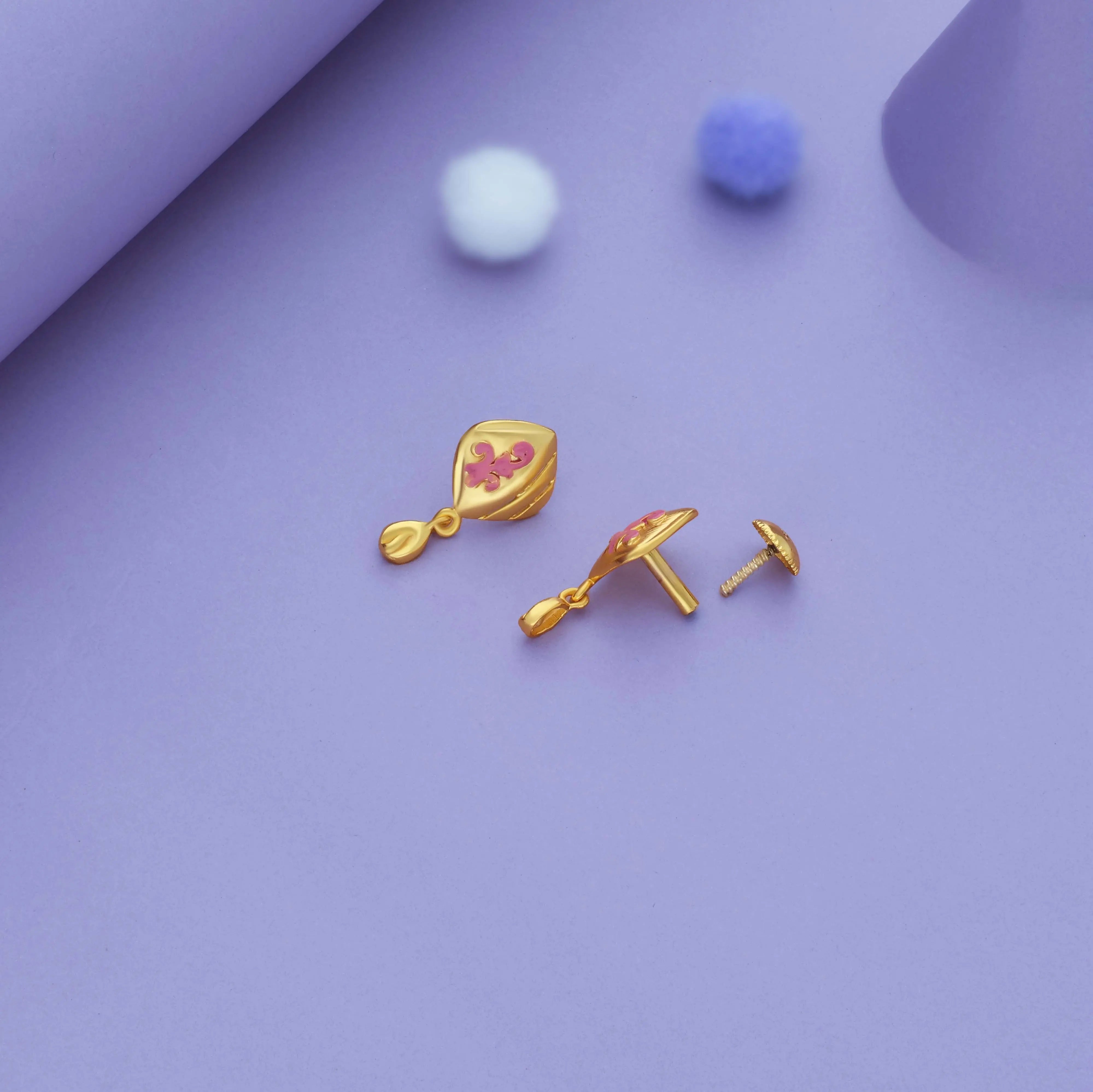 Pink Flower Gold Polish 925 Silver Drop Earring