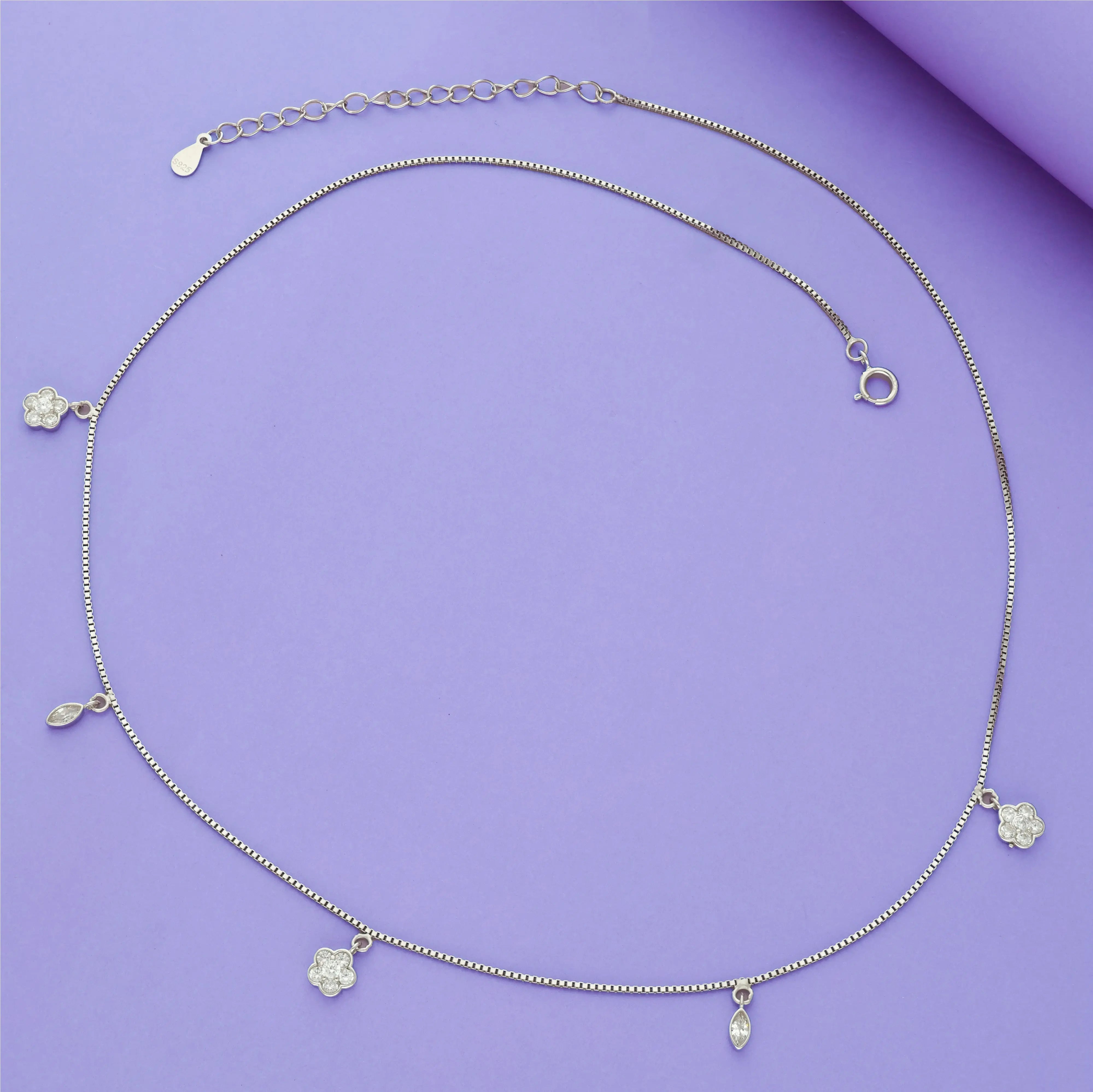 925 Silver Blossom and Leaf Stone Charm Chain Necklace