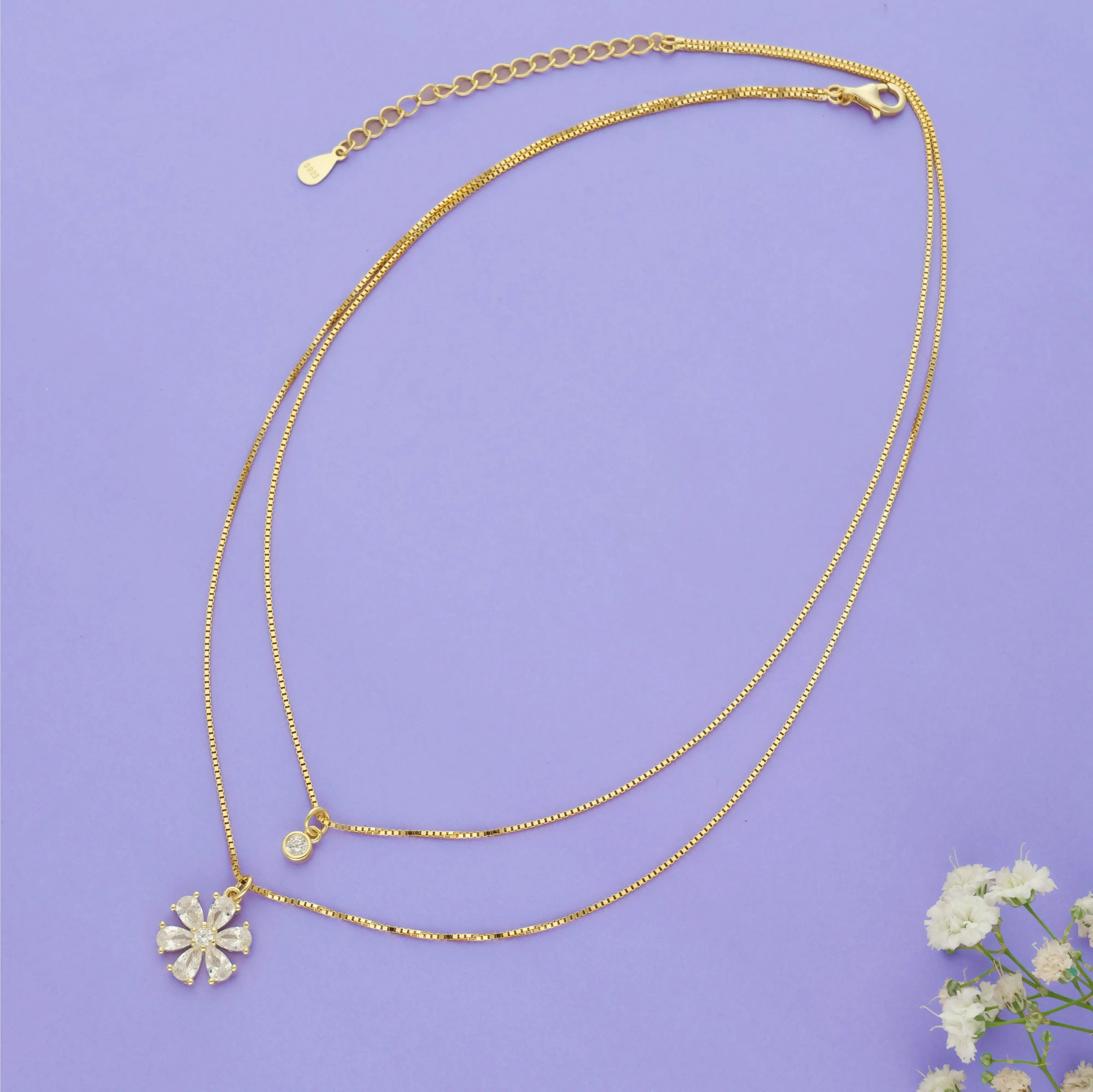 925 Sterling Silver Floral Charm Layered Chain