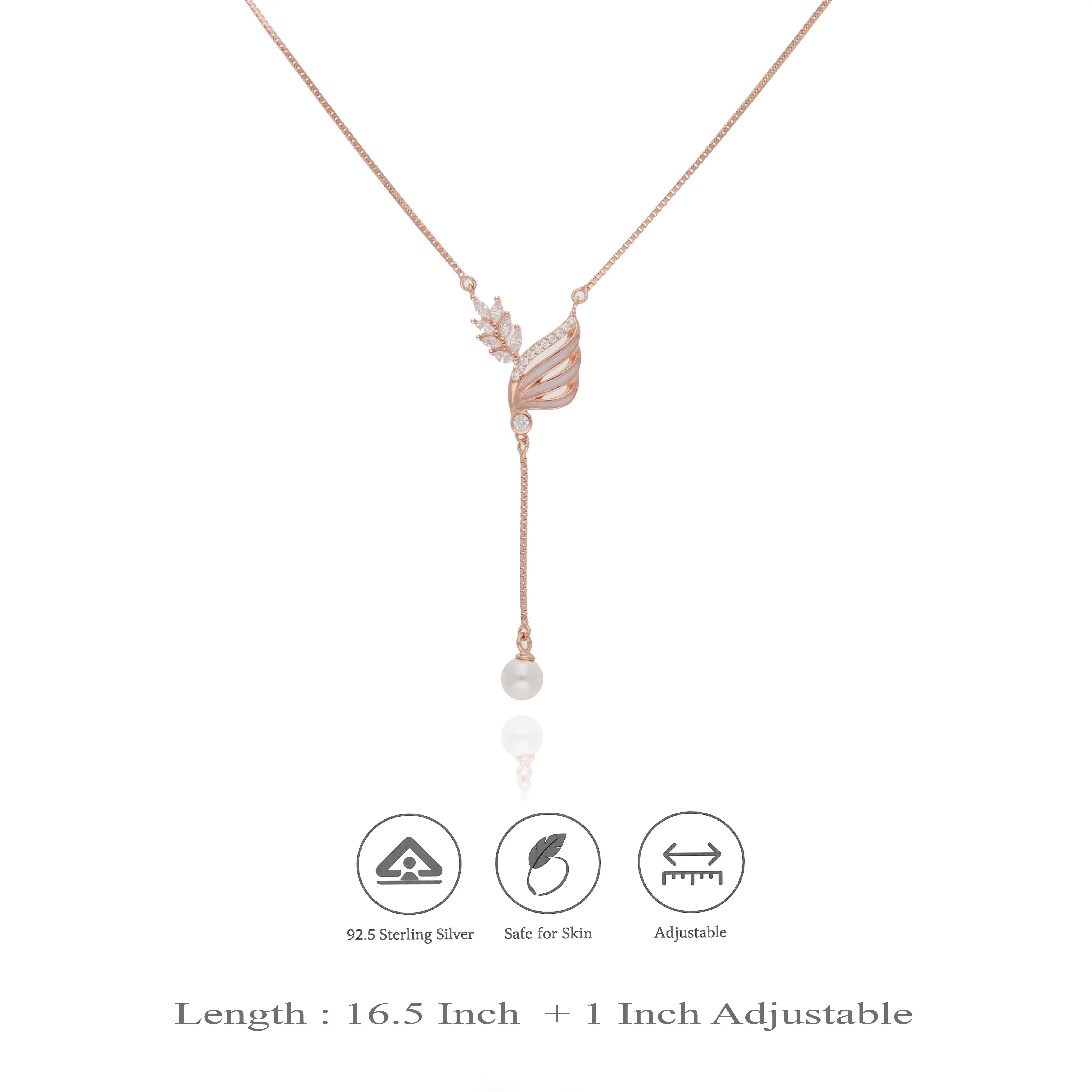 925 Sterling Silver Rose Gold Pearl Leaf Charm Necklace