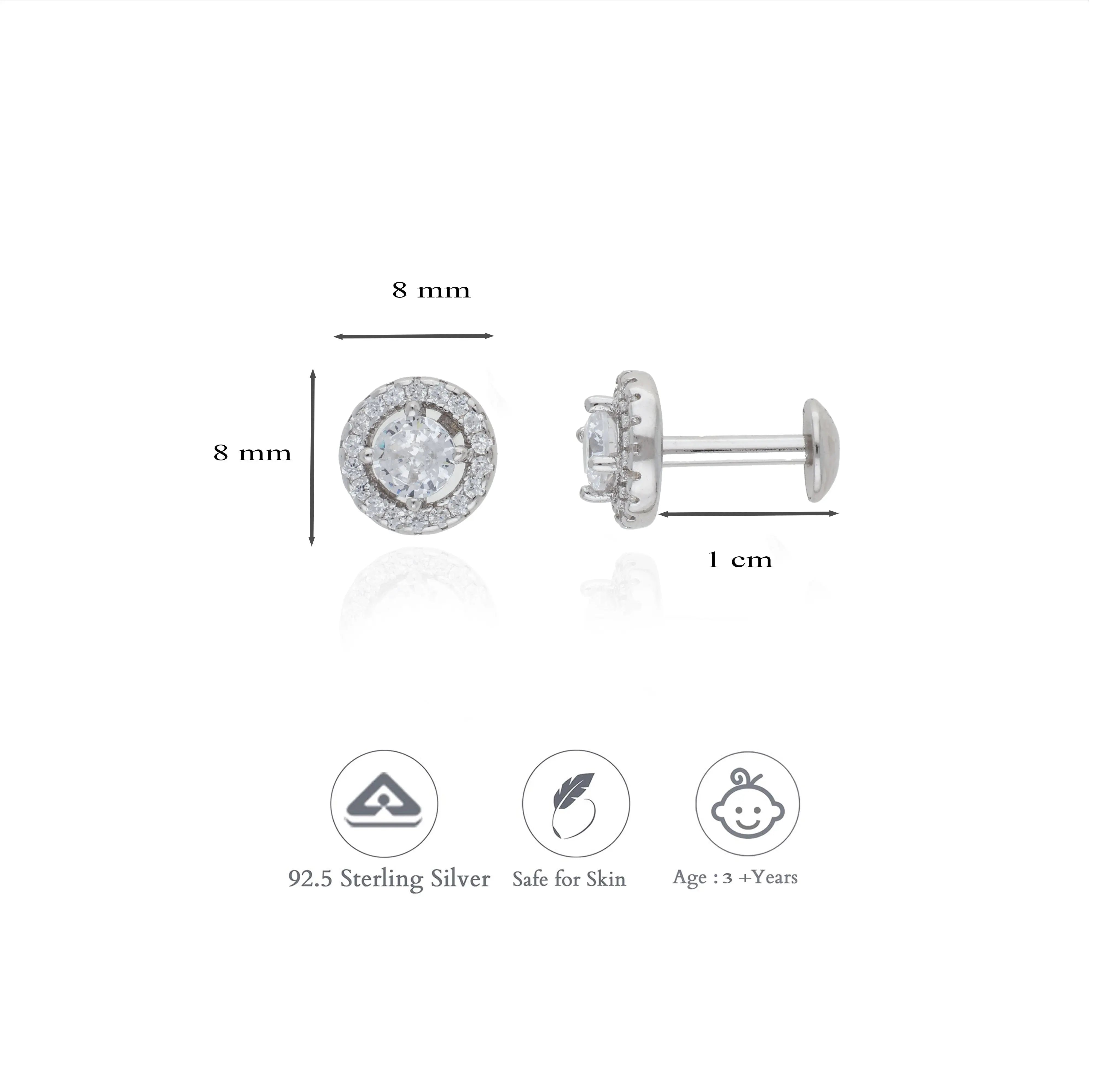 925 Sterling Silver White Cubic Zircon (CZ) Stone Kids Stud