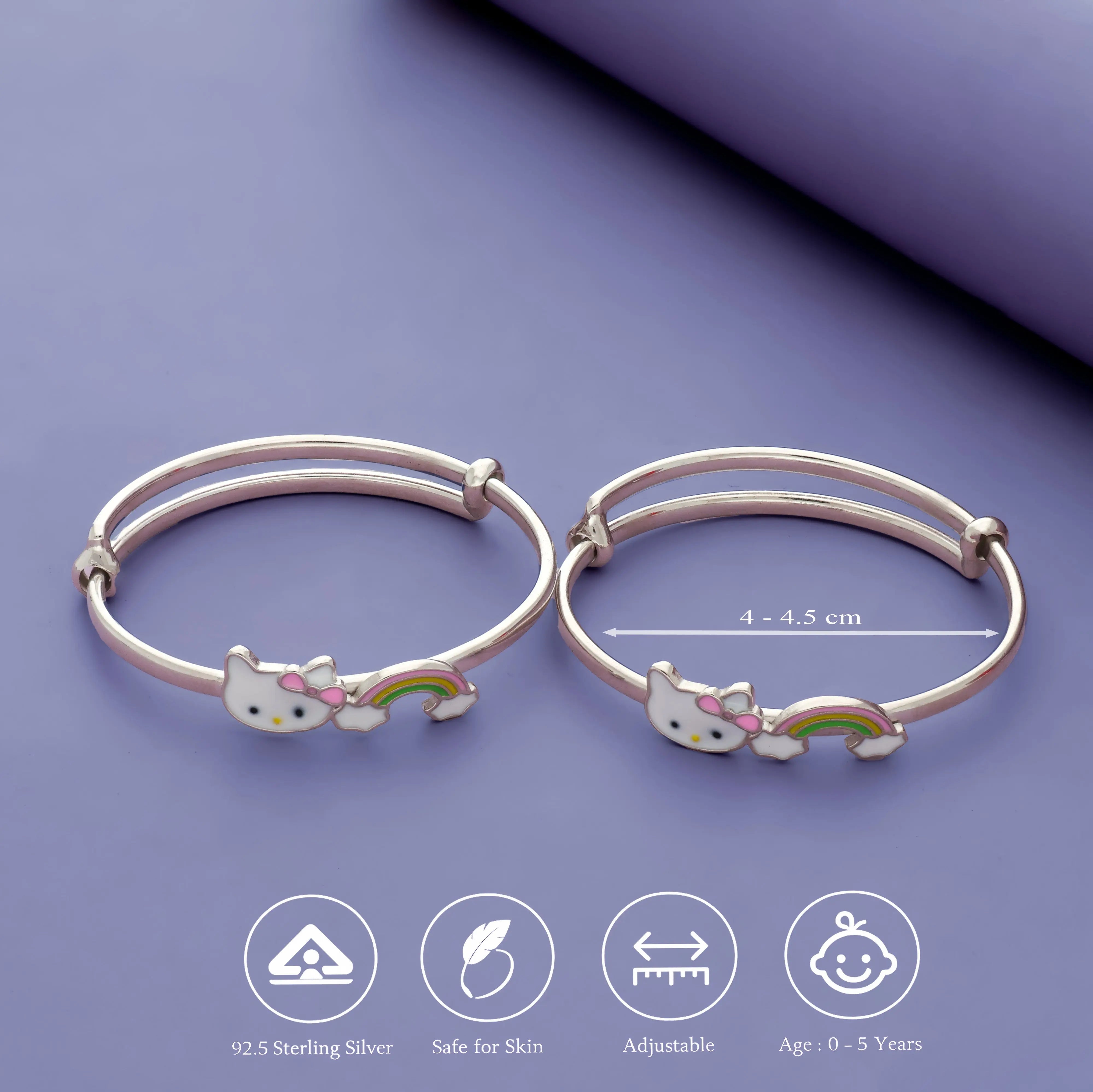Rainbow Kitty 925 Silver Kid Bangles (0-5 Yrs)