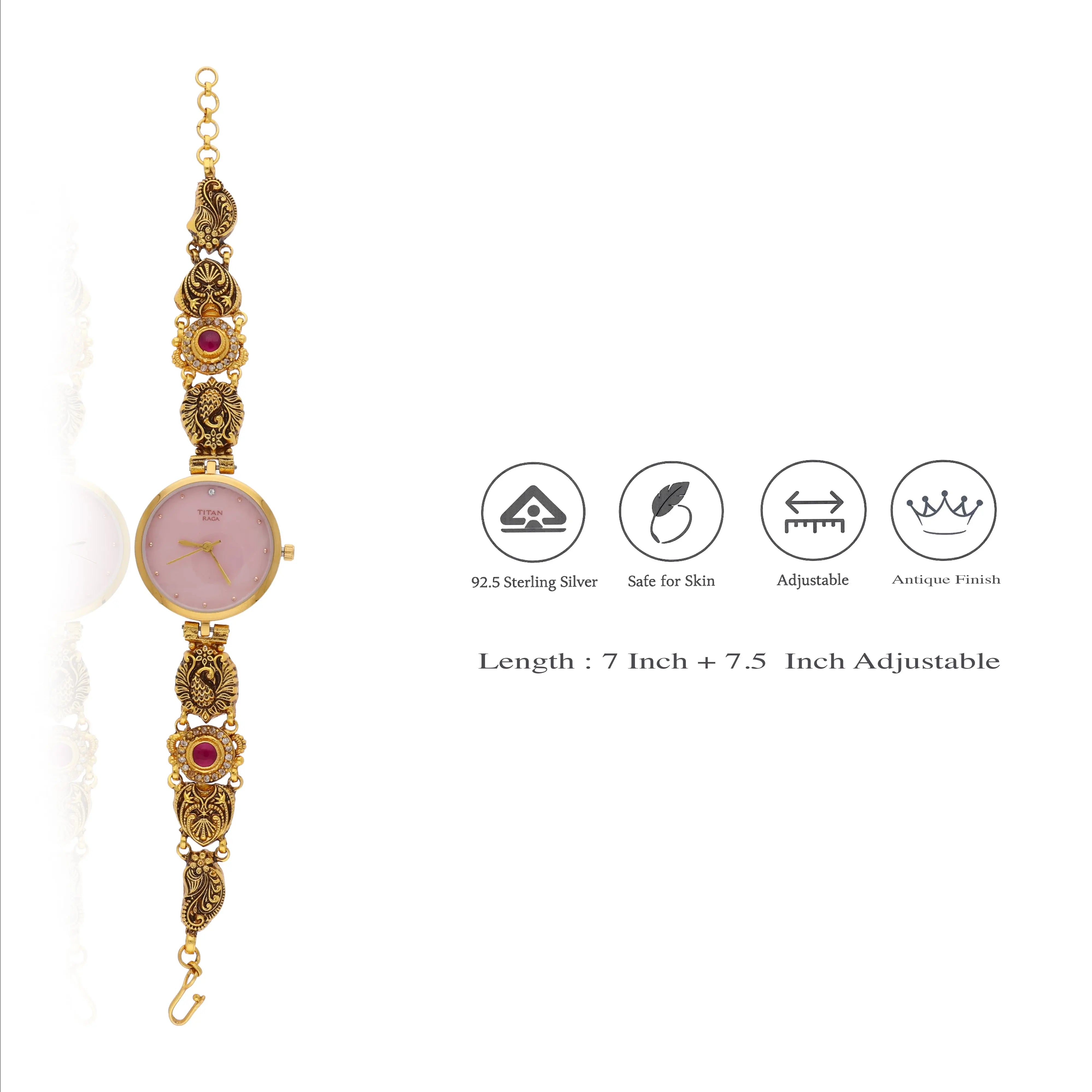 925 Silver Traditional Kundan & Emerald-Tone Jewelry Watch