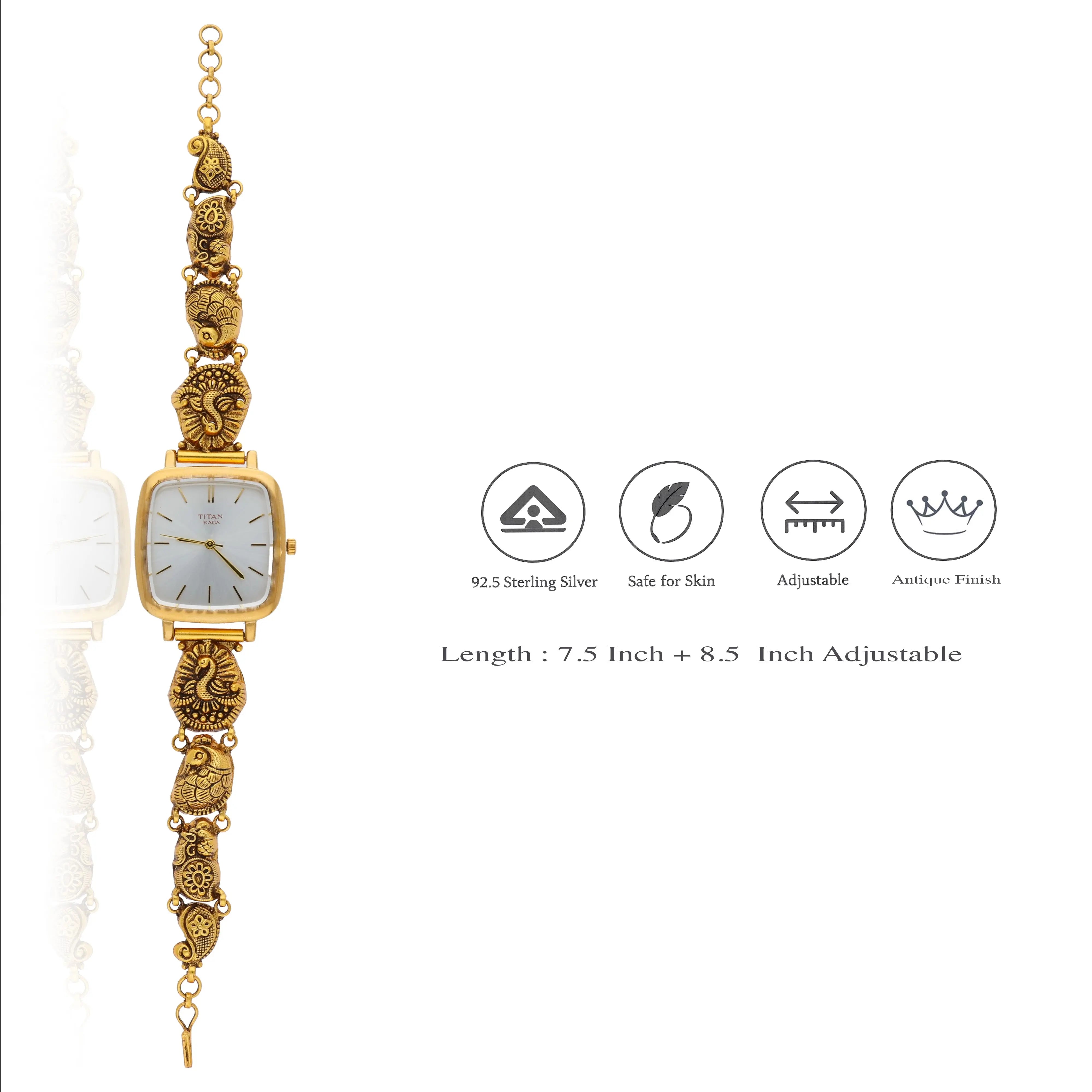 925 Silver Traditional Nakashi Work Antique Gold Finish Watch