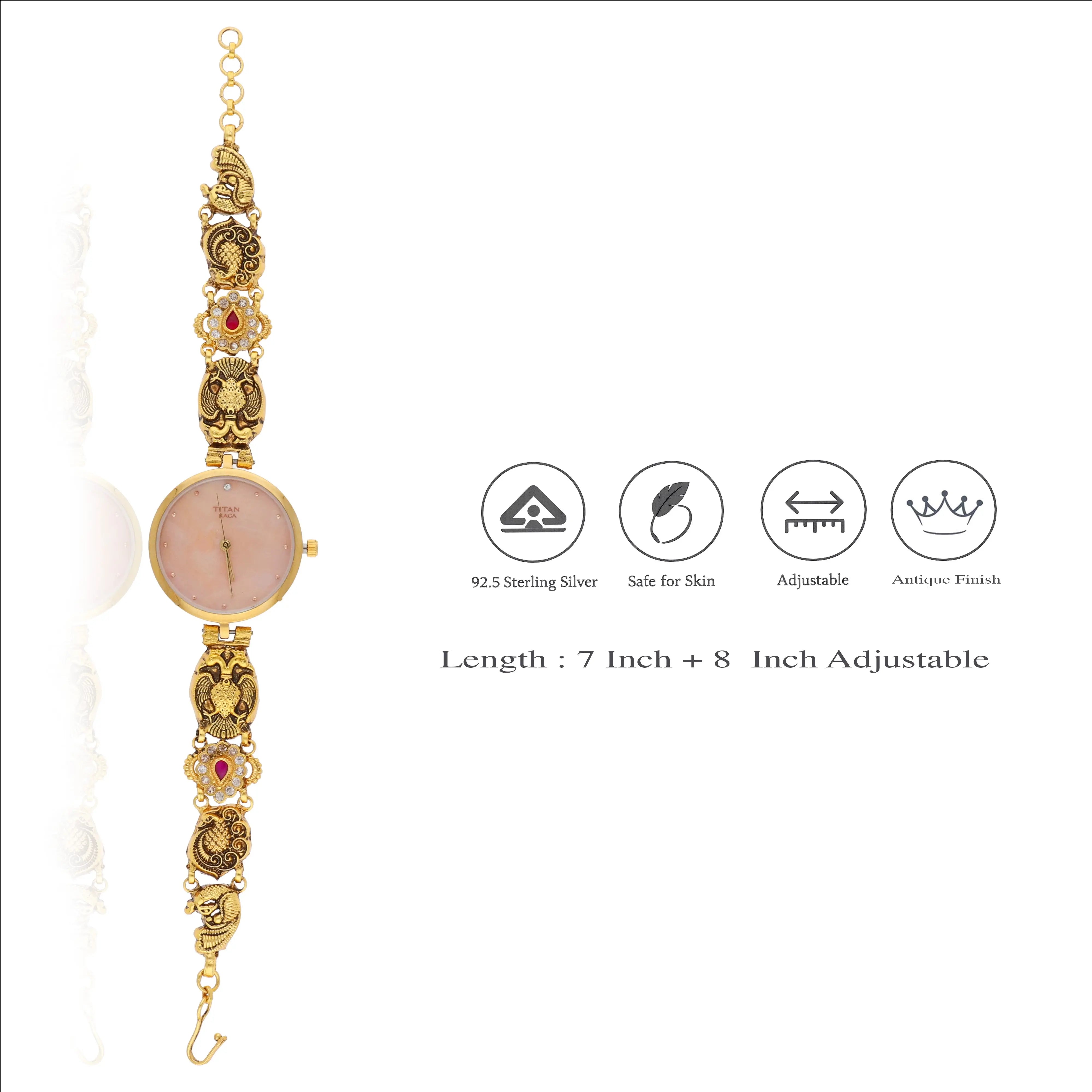 Pink Traditional Antique 925 Silver Bracelet Watch