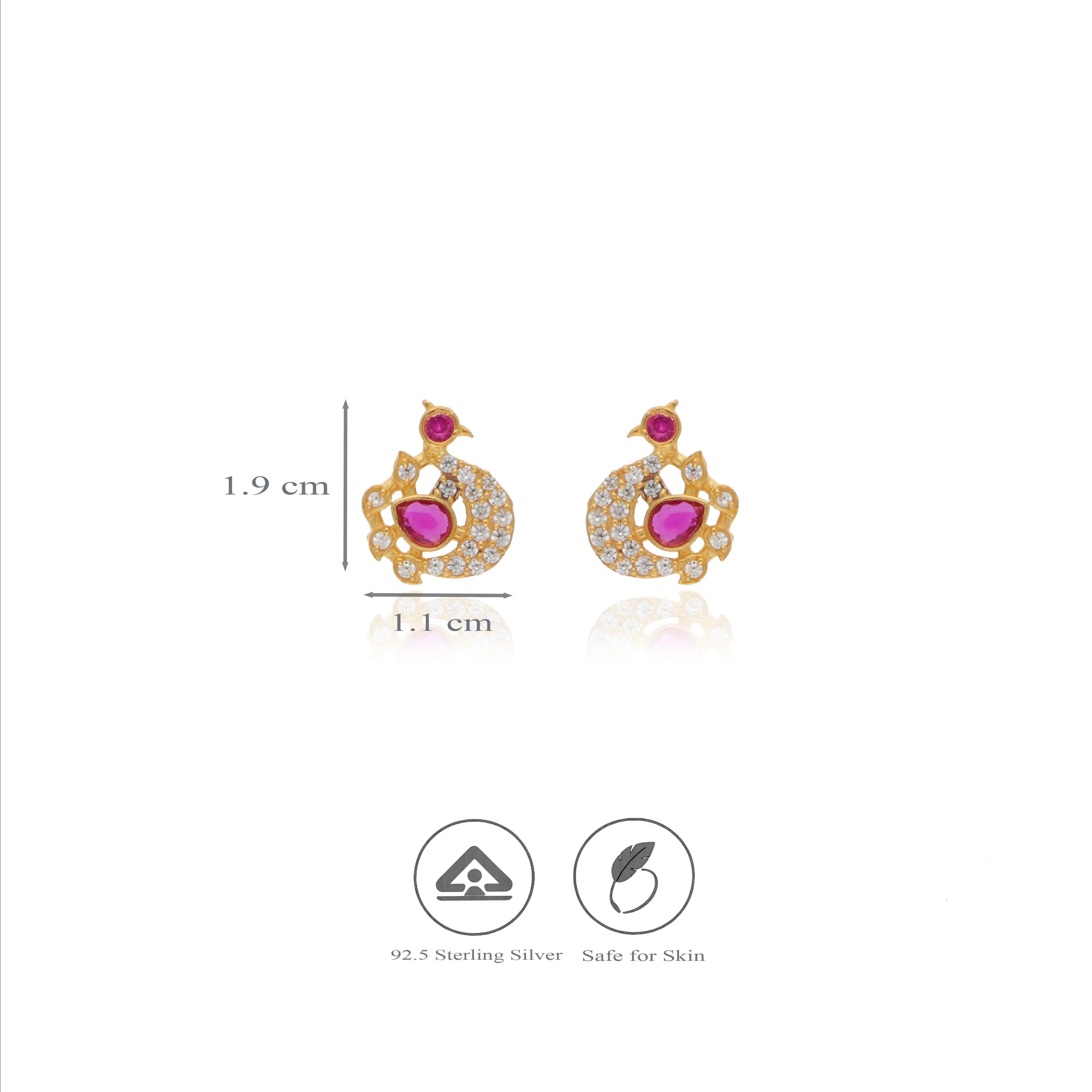 Peacock Design Gold-Plated 925 Silver Stud Earrings