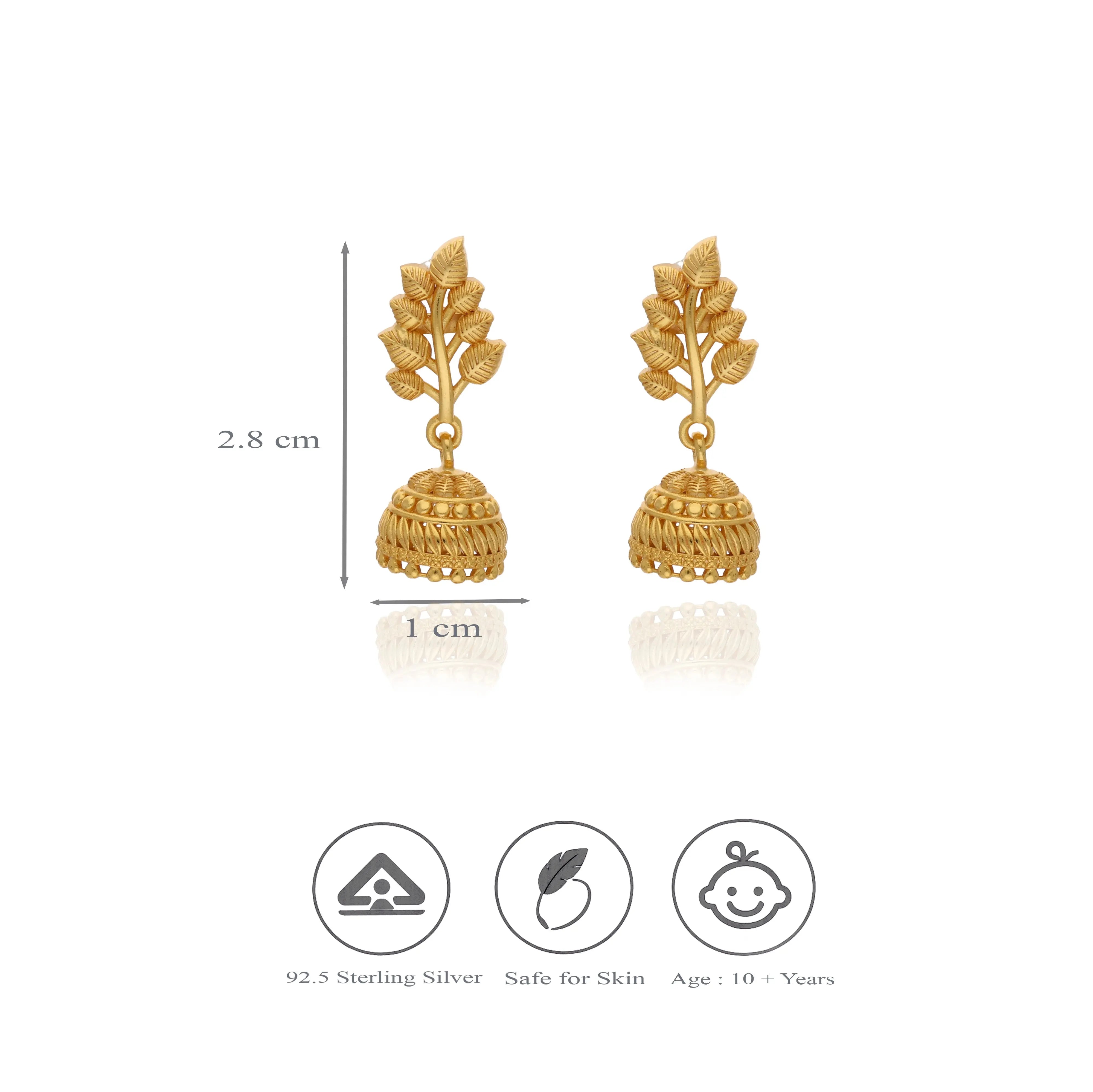 925 Silver Gold Polish Leaf Design Jhumka Earrings