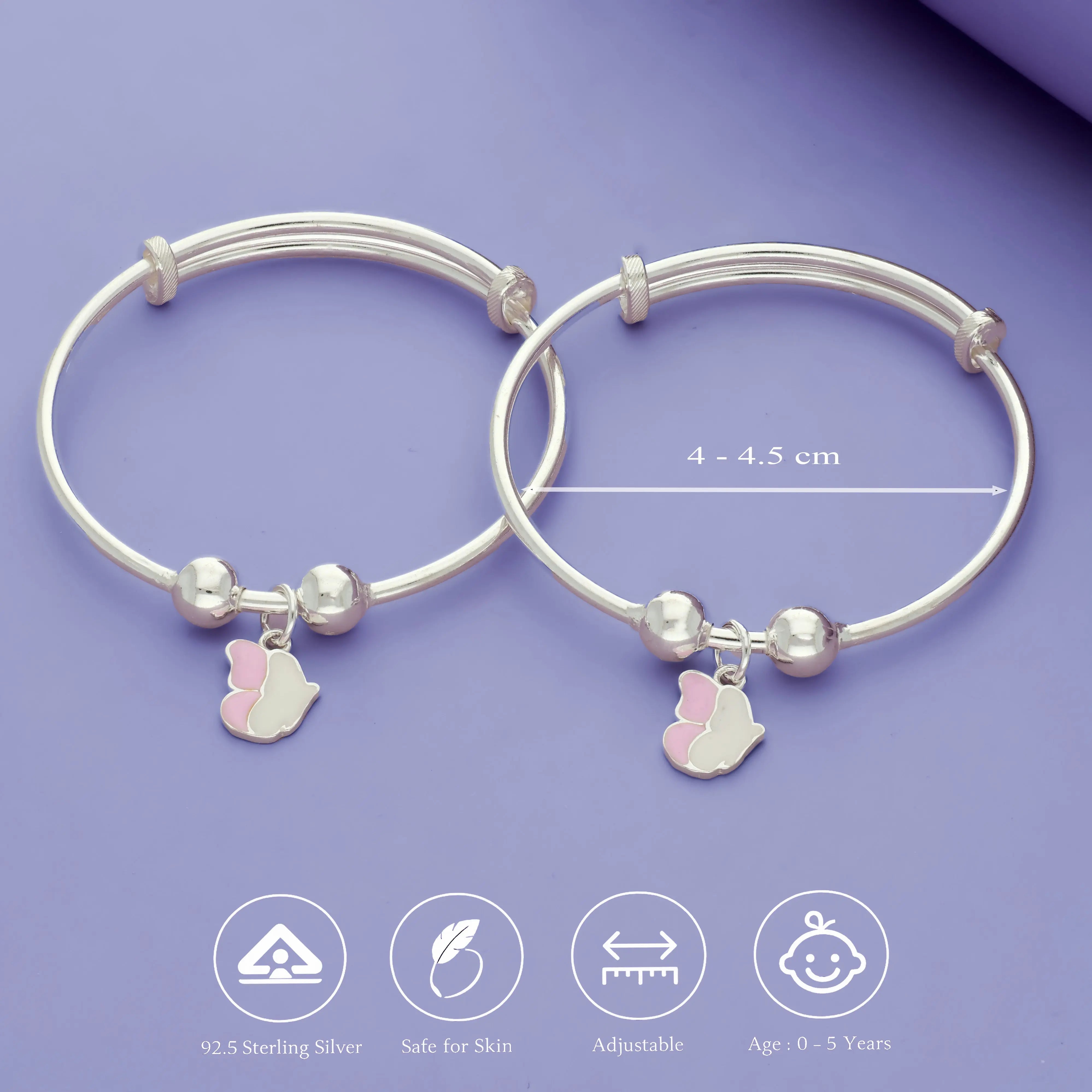 Pink Butterfly Charm Silver Baby Bangles (0-5 Yrs)
