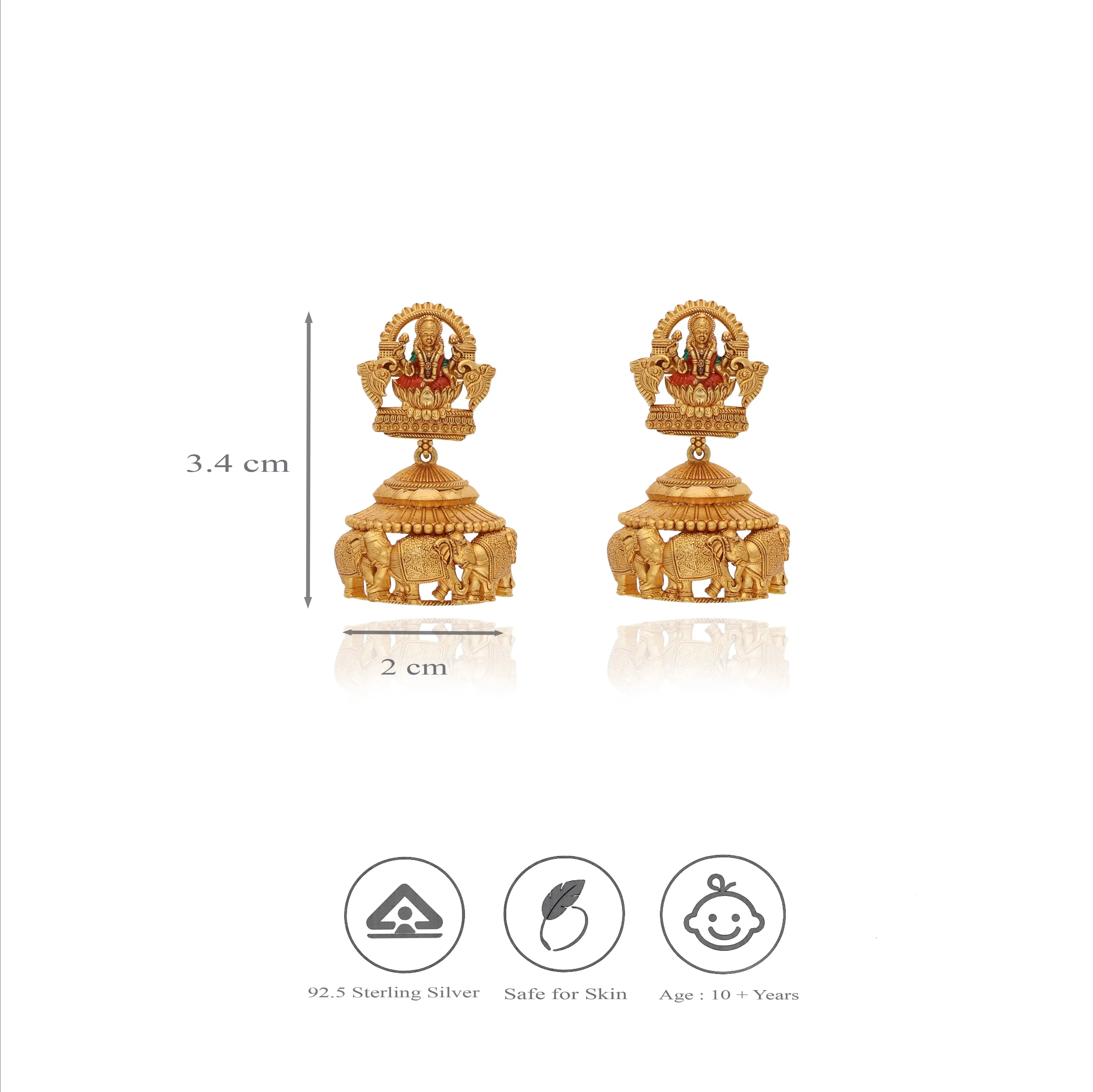 Antique Gold Polish 925 Silver Lakshmi Temple Jhumka