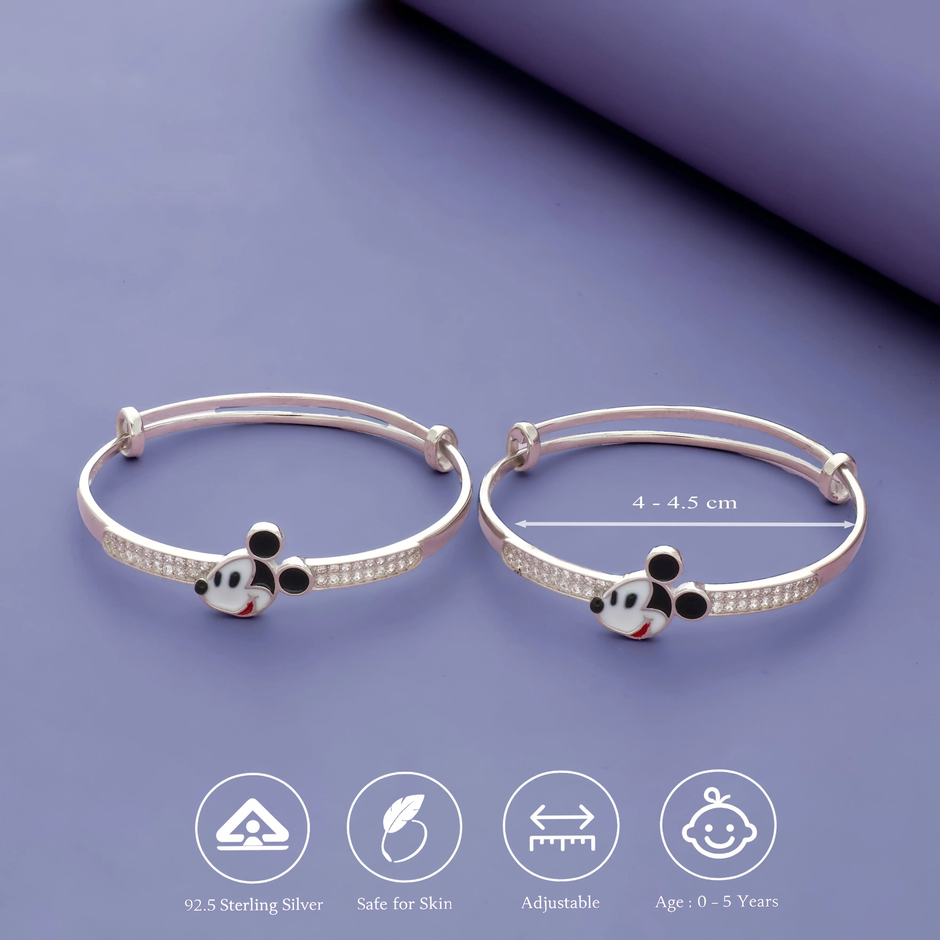 925 Silver Classic Mickey Mouse Adjustable Kids Bangles (0-5 Yrs)