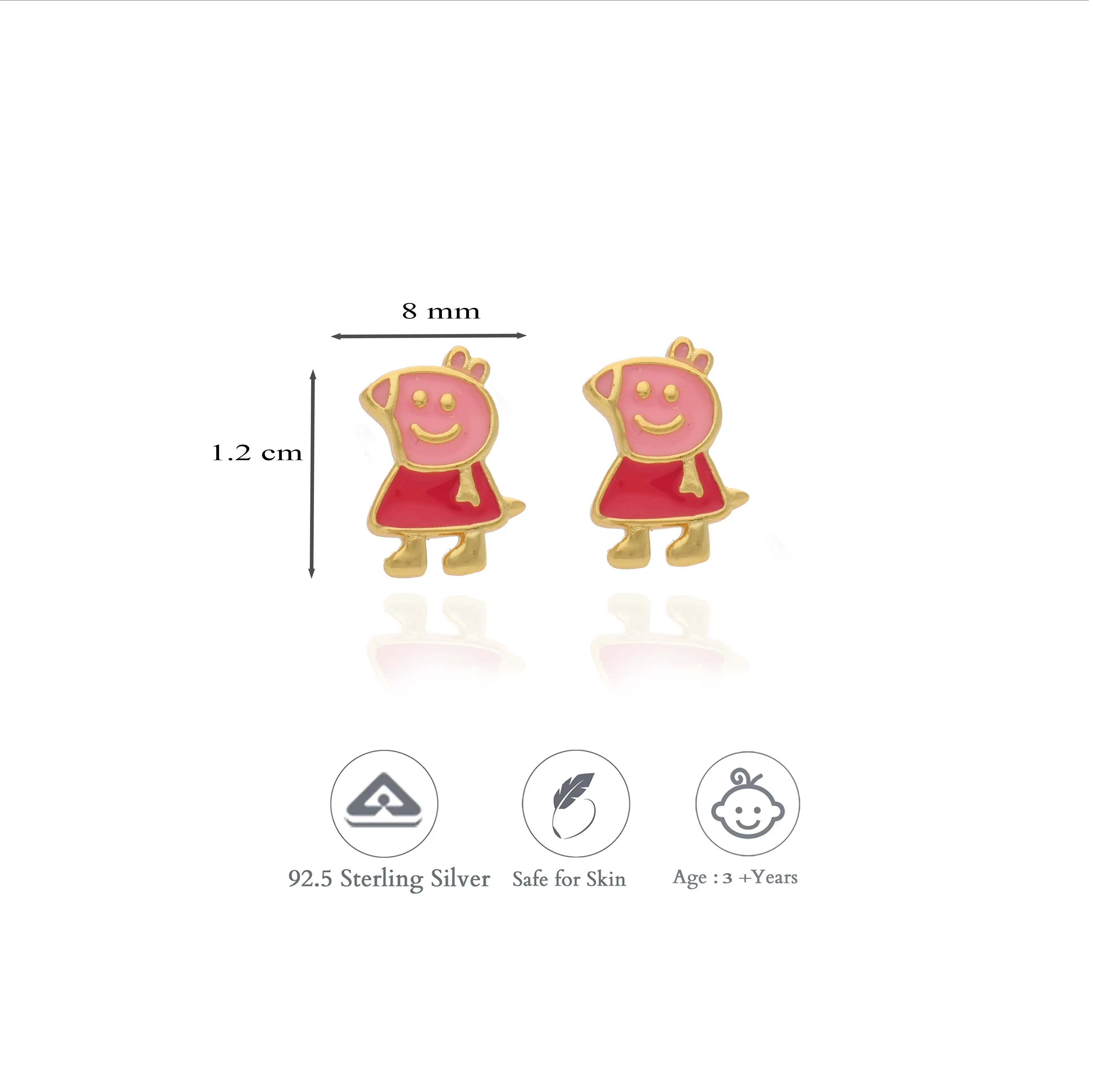 925 Sterling Silver Peppa Pig Studs for Kids (3+ Yrs)