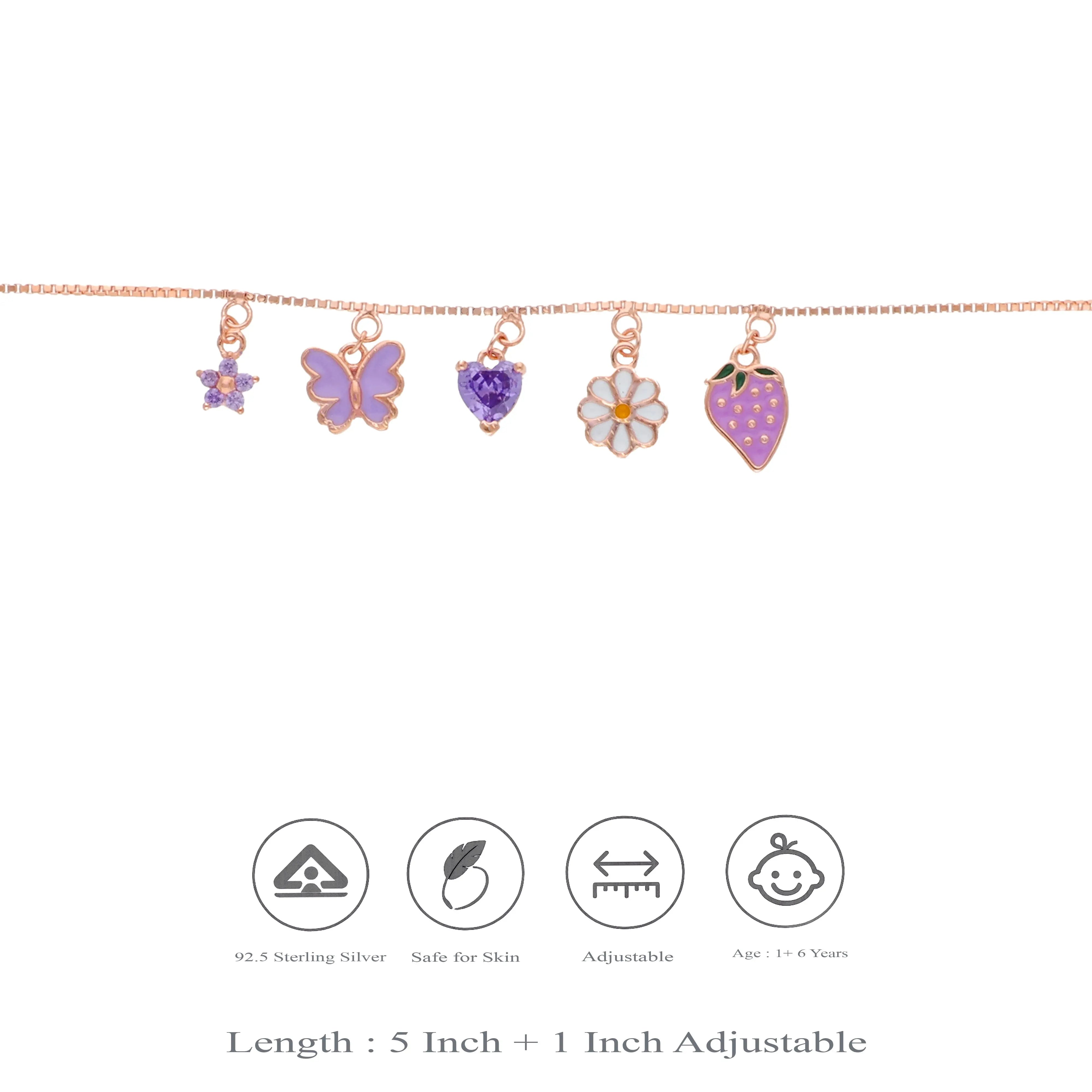 925 Silver Cute Butterfly & Strawberry Charm Bracelet for Kids