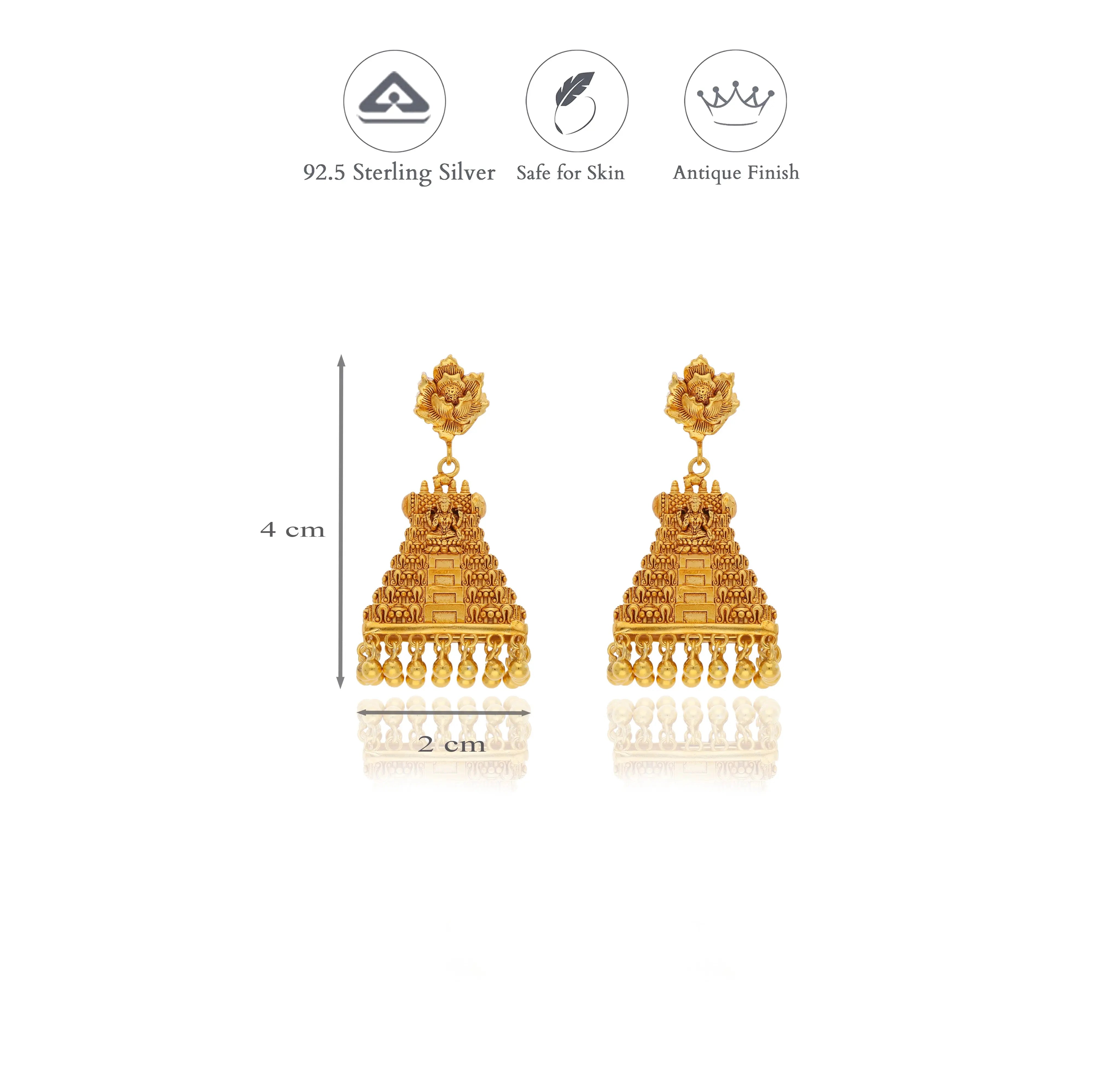 Traditional Lakshmi Gopuram 925 Sterling Silver Gold Plated Jhumka