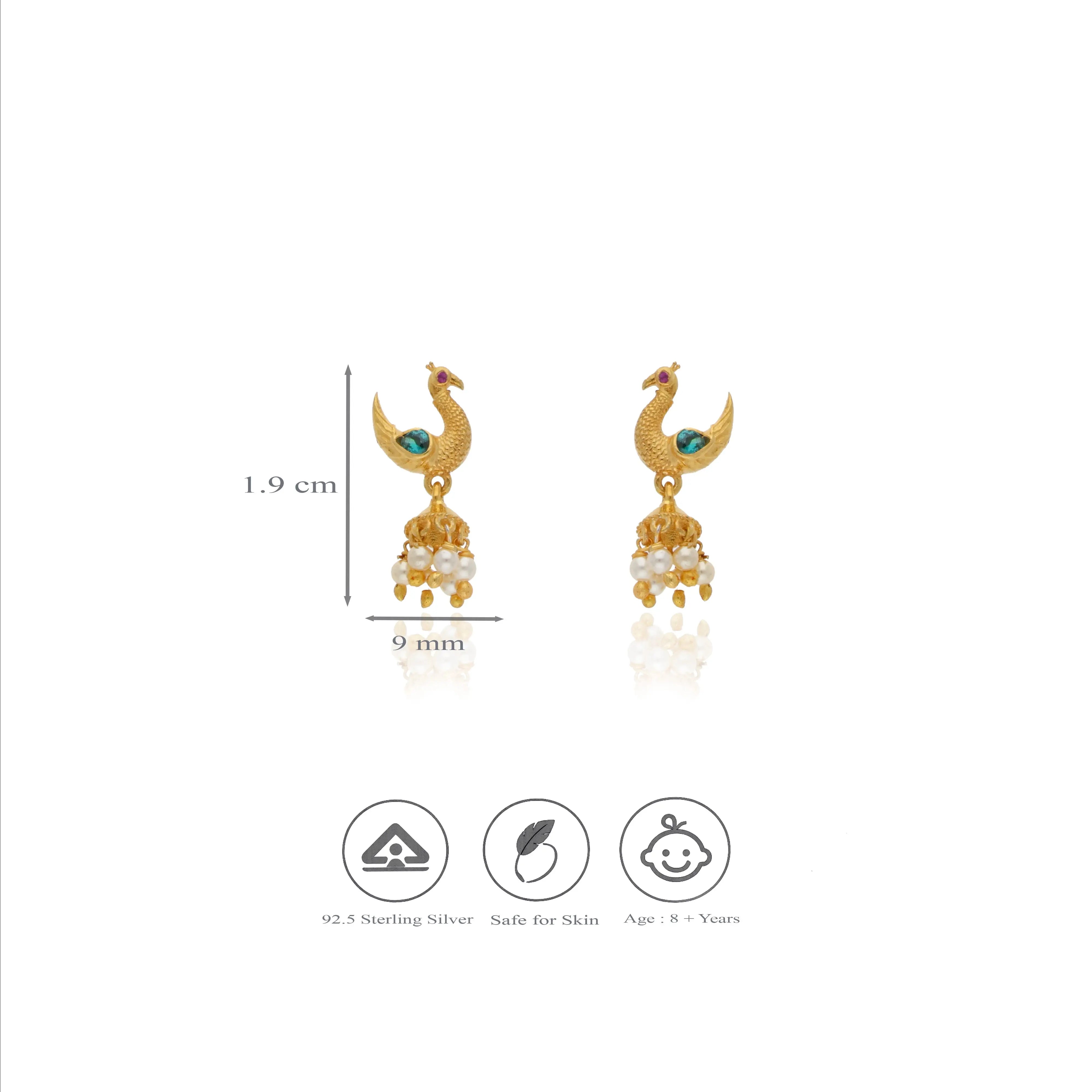 925 Silver Matte Gold-Plated Traditional Peacock Drops Earring