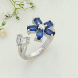 Blue Open Flower Silver Ring For Women