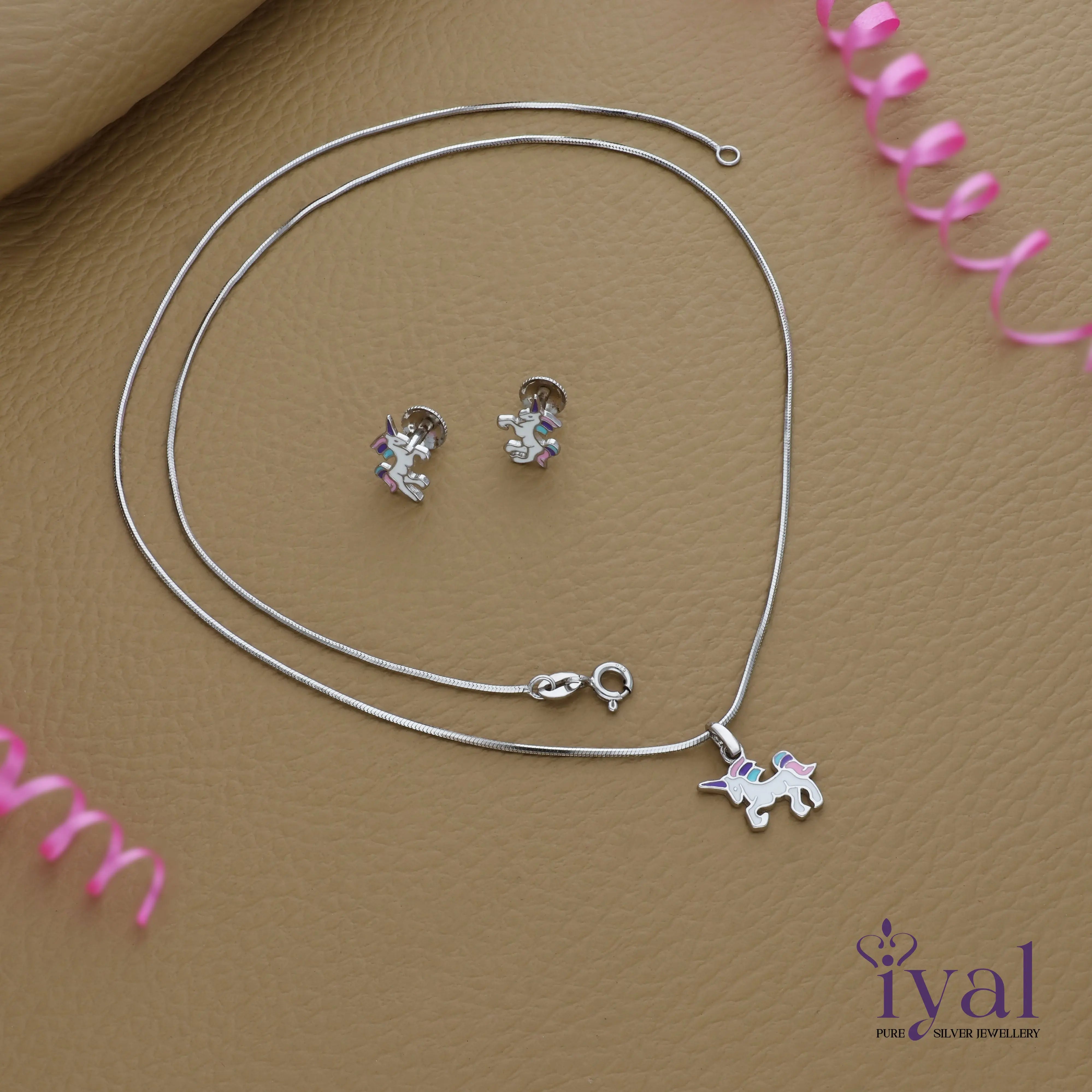 Vivid Unicorn 925 Silver Kids Chain Pendent Set(5+ Yrs)