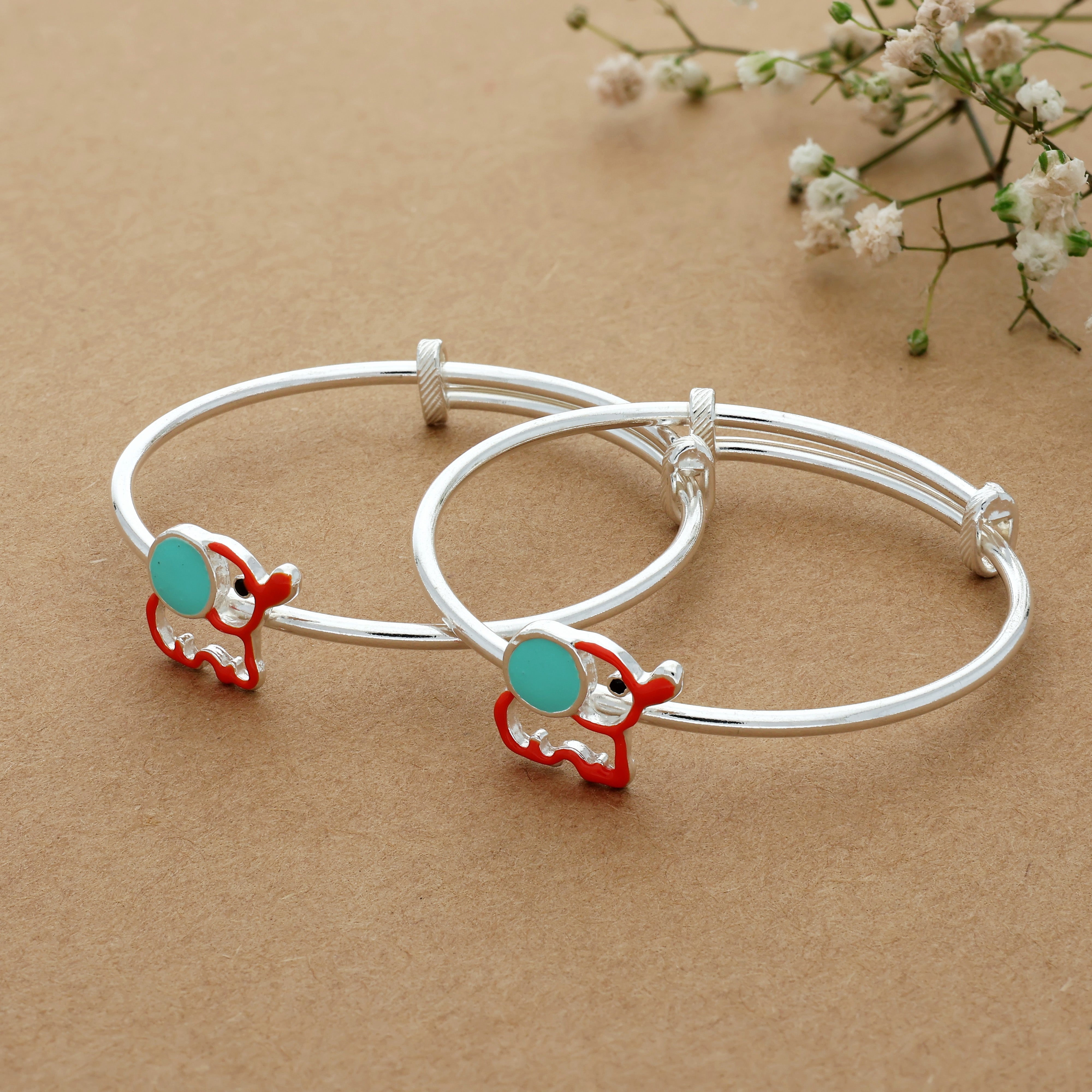 adjustable pure silver bangle with elephant design for baby boy or girl from 0 to 5 years
