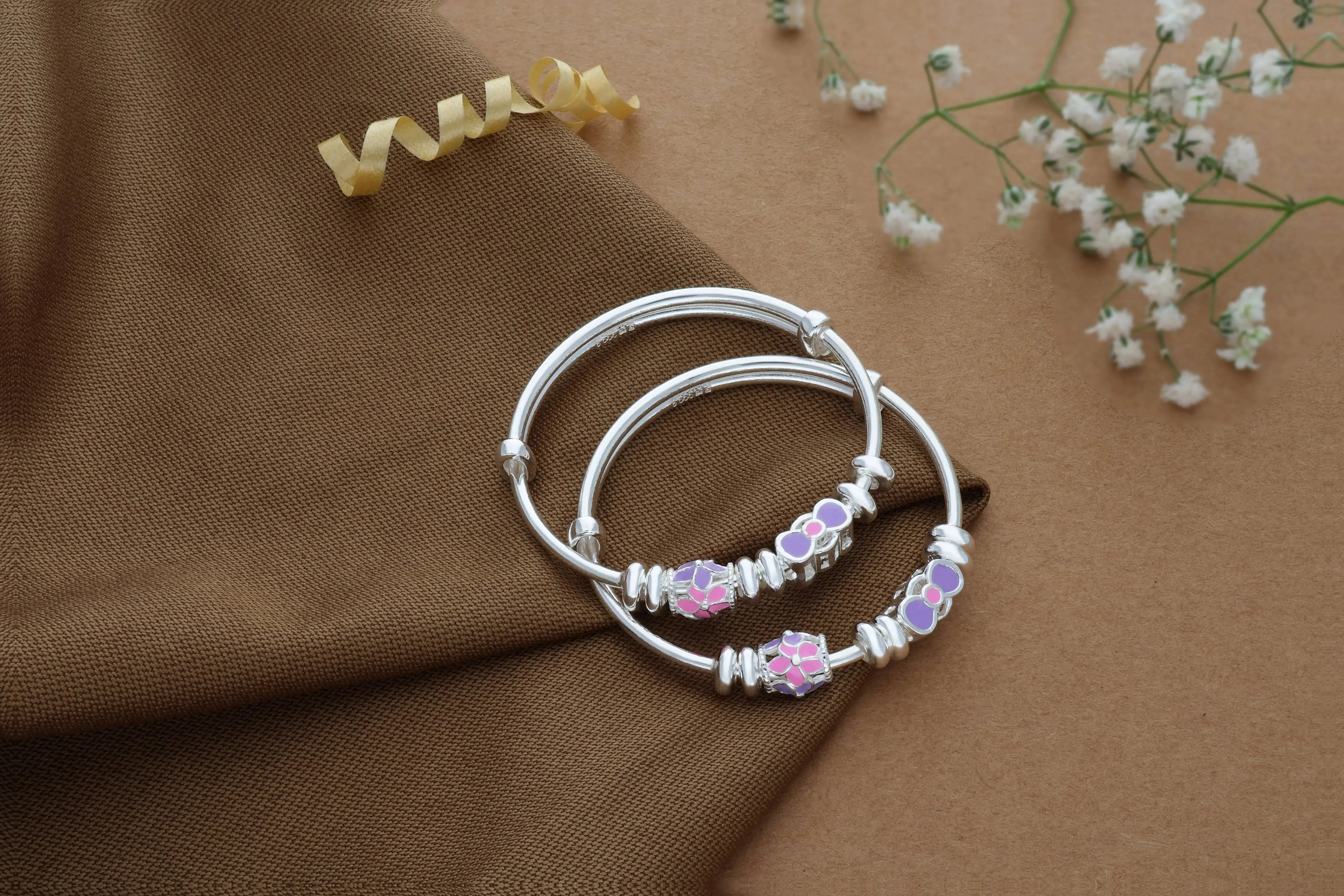 Purple Bow Adjustable 925 Silver Kid Bangle(0 - 6Yrs)