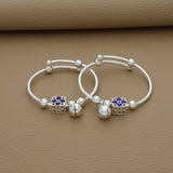 Blue Flower Bell Charm Silver Bangle for Kids (Girls)