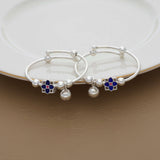 Blue Flower Bell Charm Silver Bangle for Kids (Girls)