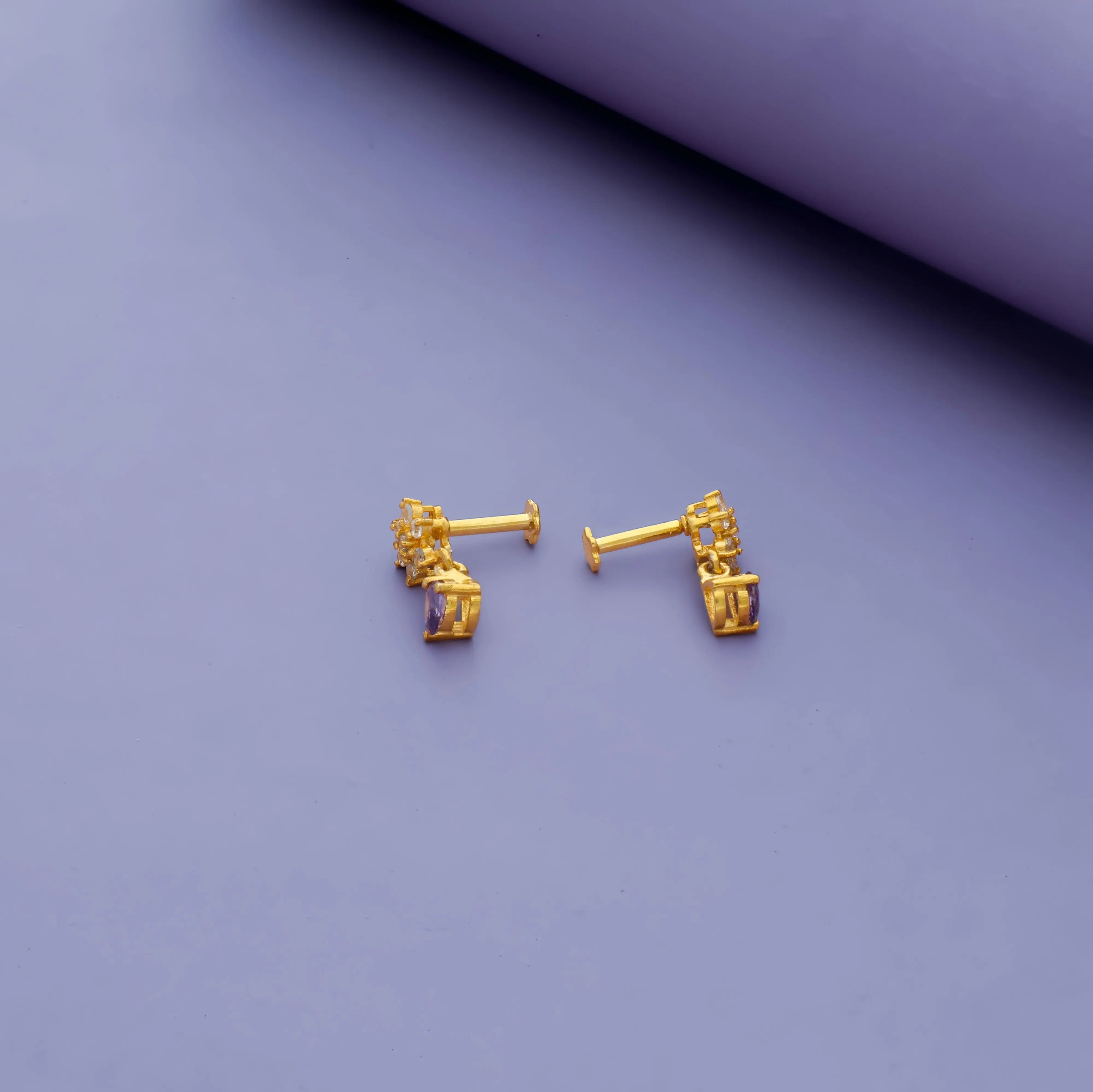 Purple Daisy Gold Polish 925 Silver Drop Earring