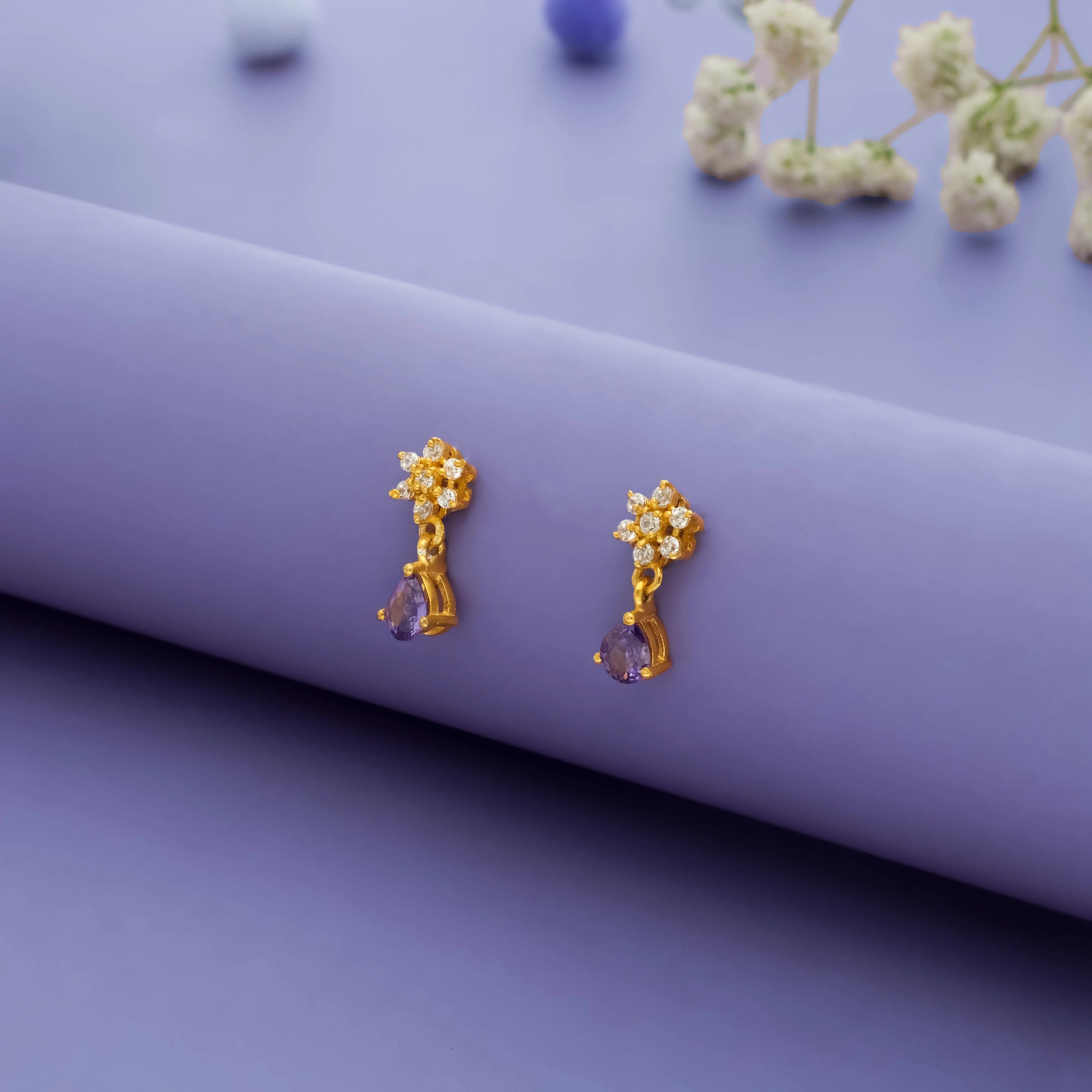 Purple Daisy Gold Polish 925 Silver Drop Earring