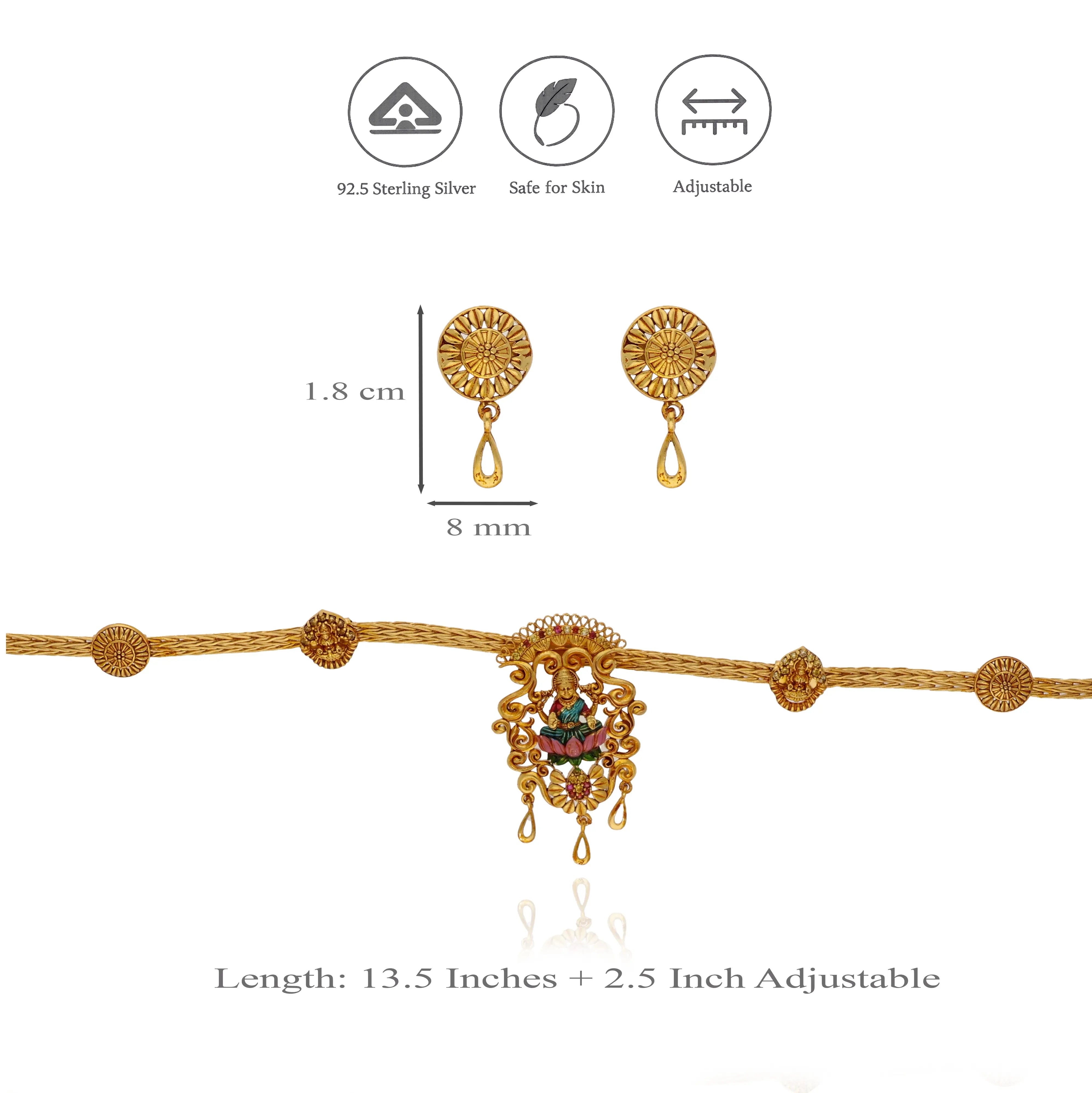 Traditional Goddess Lakshmi 925 Sterling Silver Necklace Set