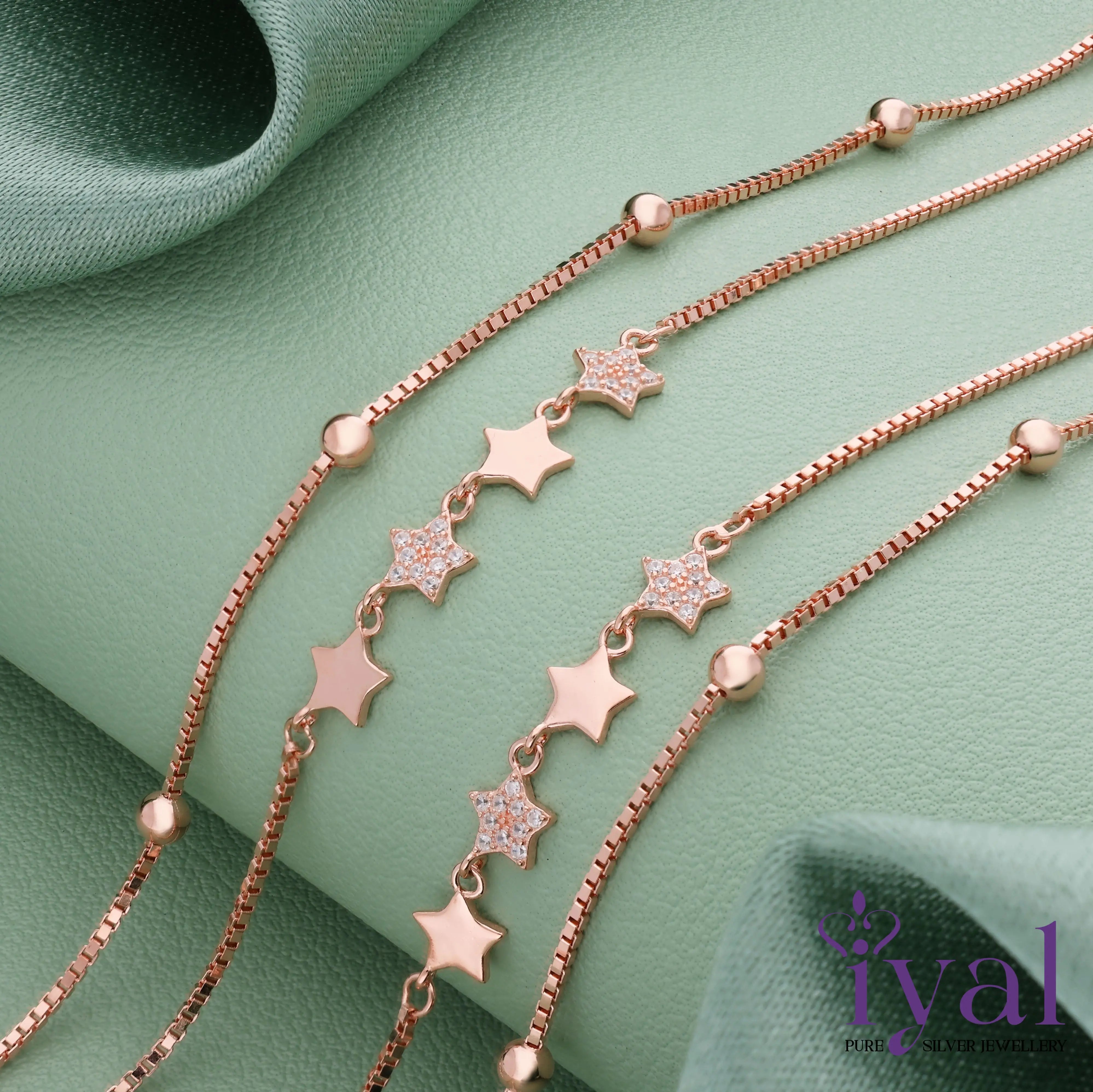 Multi Star Double Layer Rose Gold Polish Silver Anklet