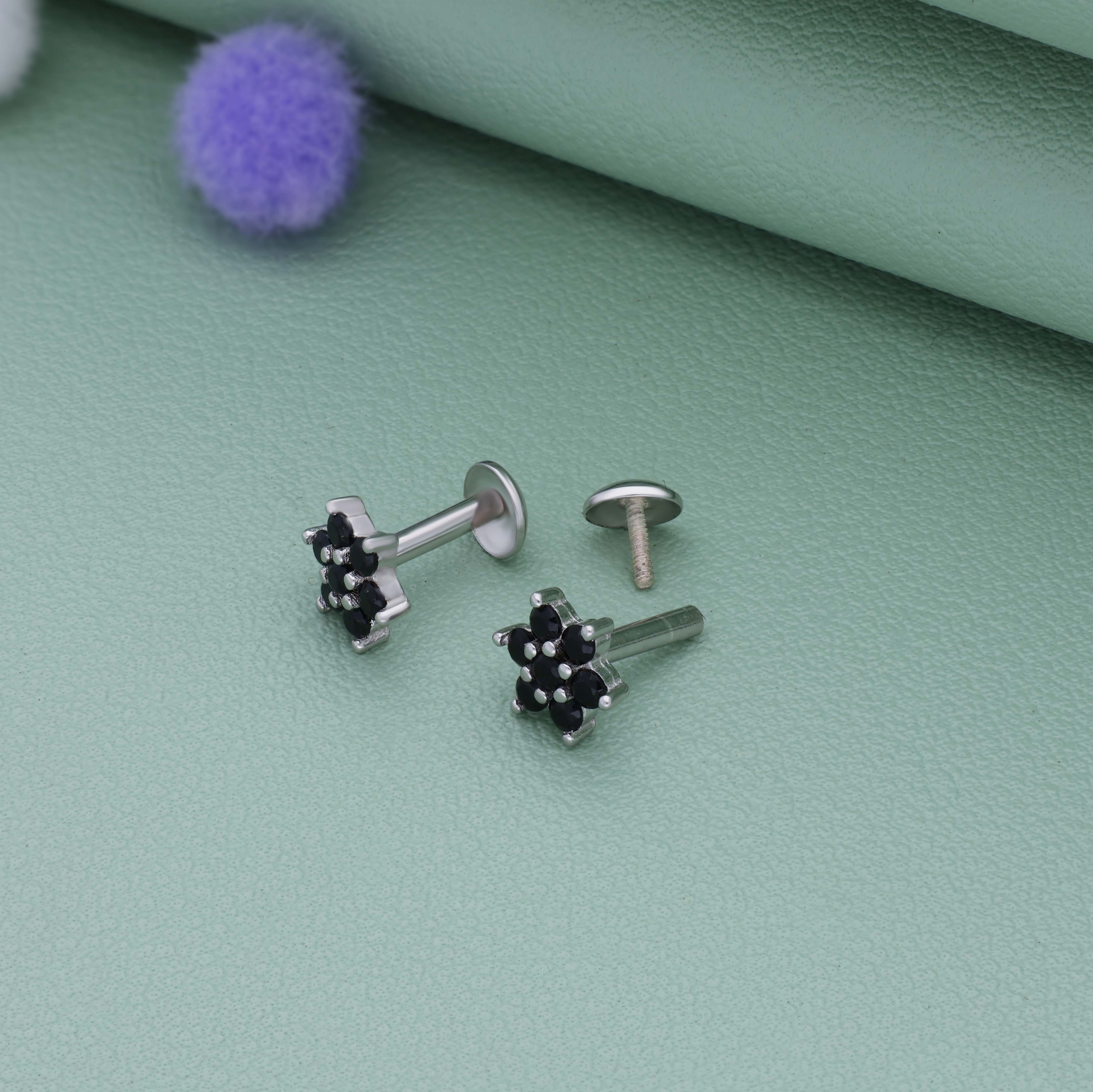 Black Floral Crystal 925 Silver Stud for Kids & Teen(10+ Yrs)