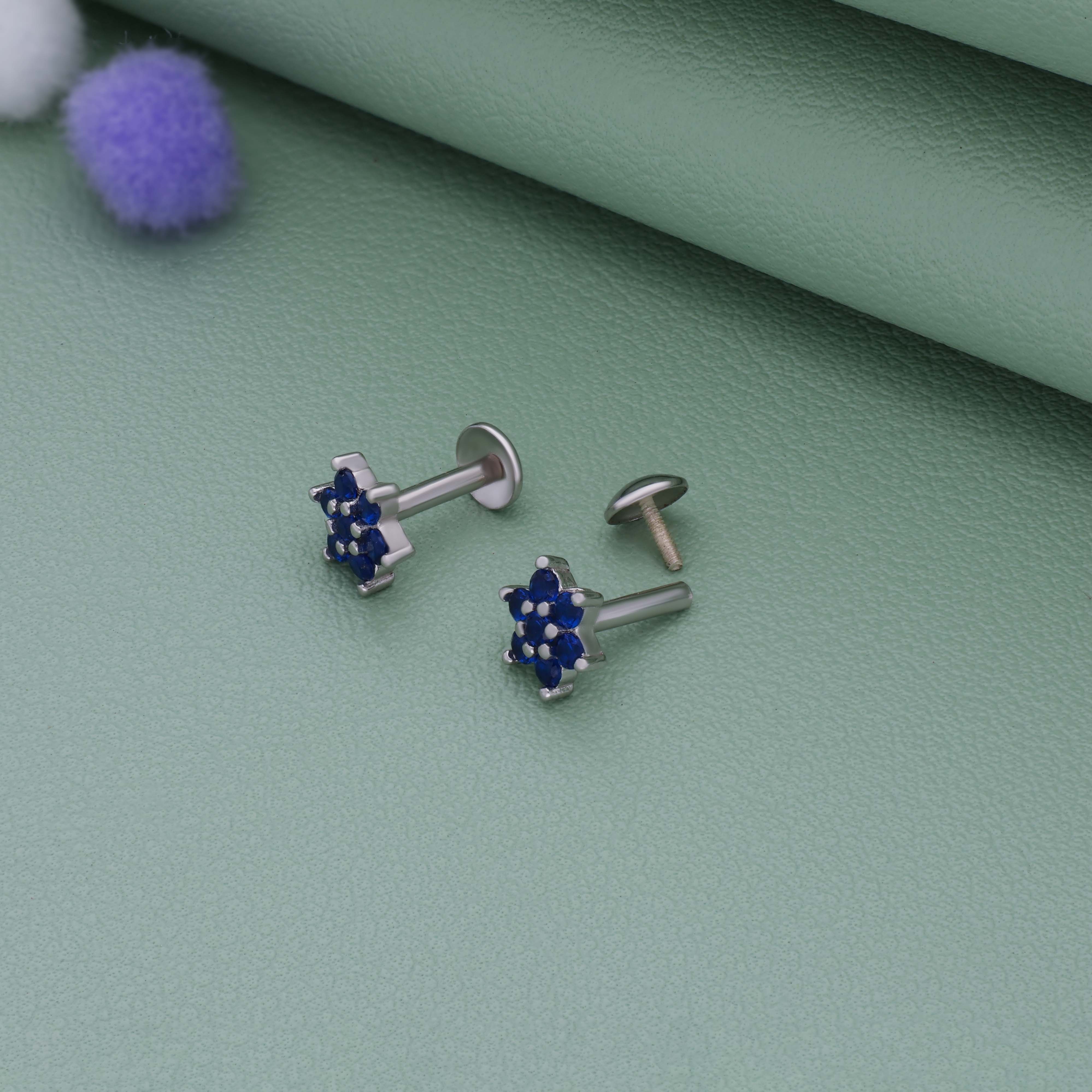 Blue Floral Crystal 925 Silver Stud for Kids & Teen(10+ Yrs)